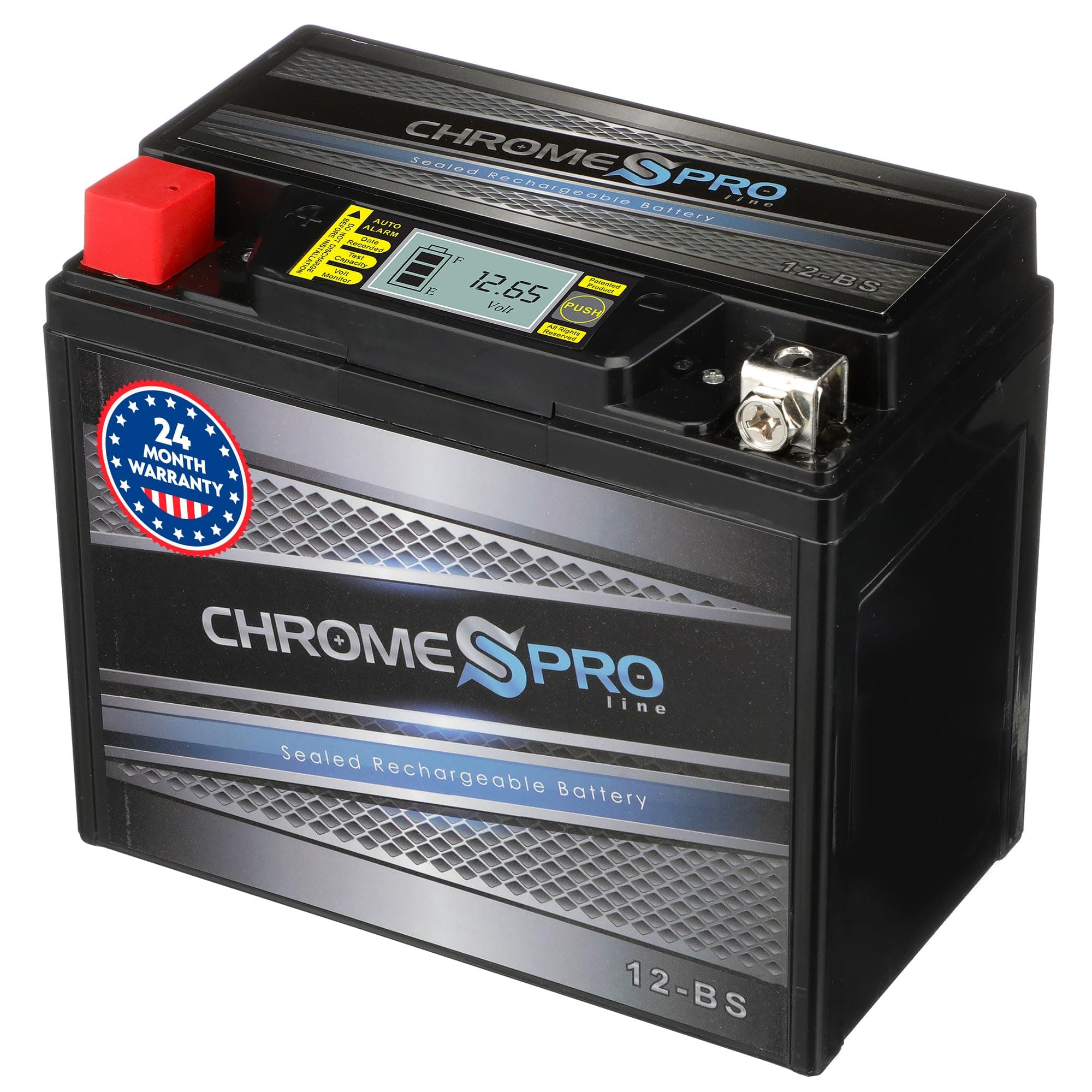 Chrome Pro YTX12-BS iGel Maintenance Free Replacement Battery with Digital Display for ATV, Motorcycle, Scooter, and UTV: 12 Volts, 1.2 Amps, 10Ah, Nut and Bolt (T3) Terminal