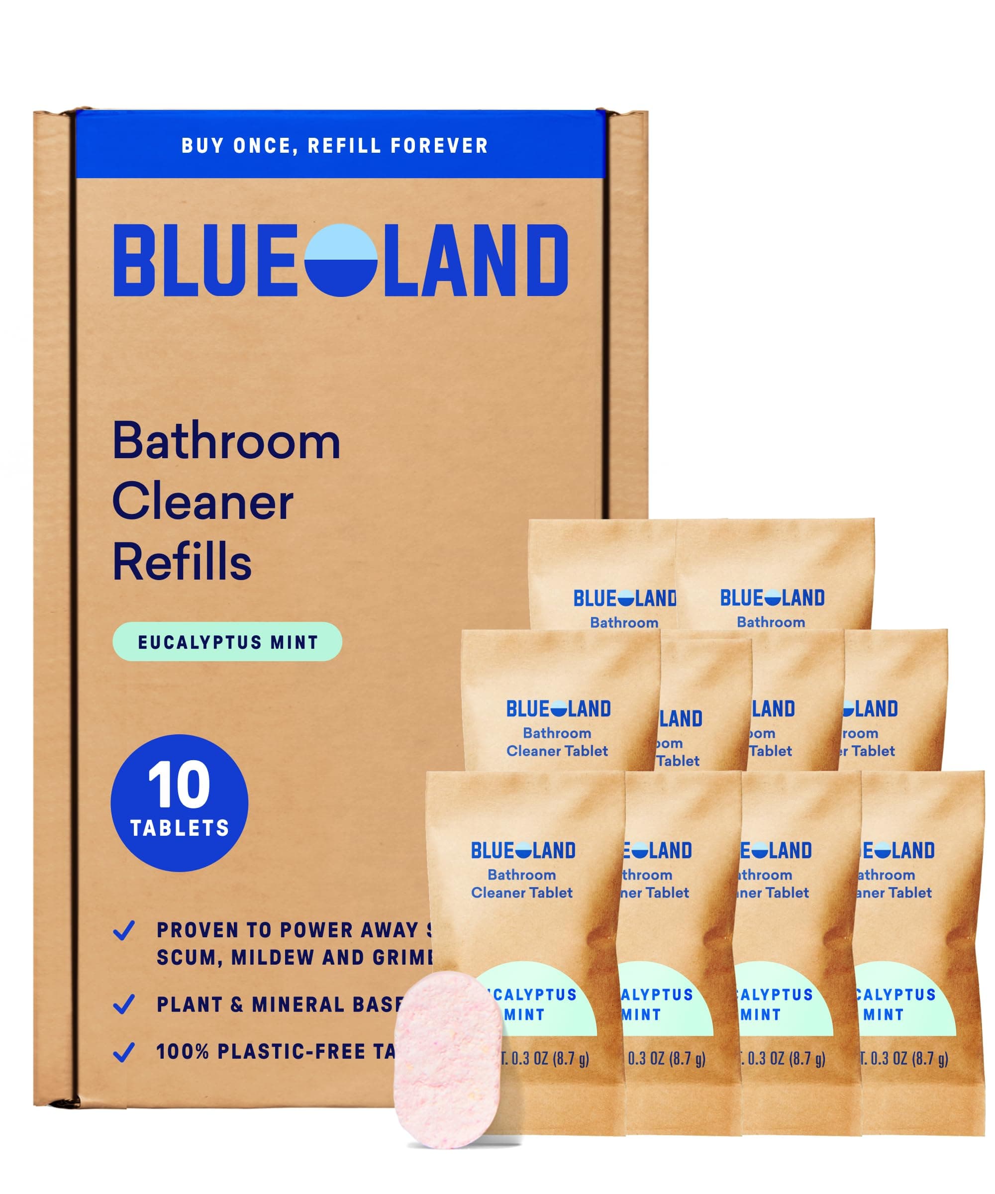 BLUELAND 10 Pack Bathroom Cleaner Refills, Eucalyptus Mint Scent, Eco-Friendly Cleaning Supplies, 35 x 70 ml