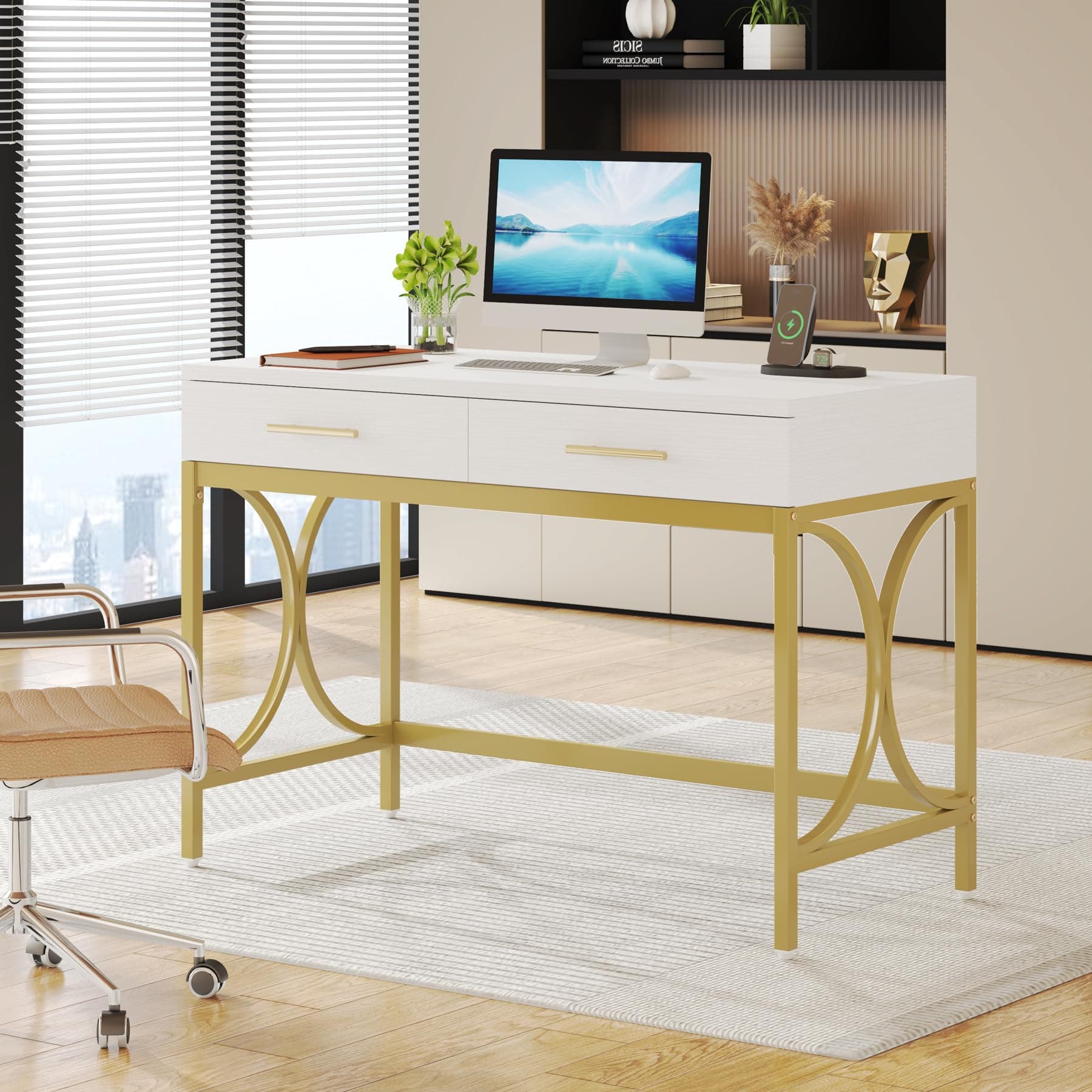 Tribesigns Modern Computer Desk with 2 Drawers, 41 Inches Study Writing Office Desk for Home Office, Bedroom, Makeup Vanity Table Desk with Gold Metal Frame, White & Gold