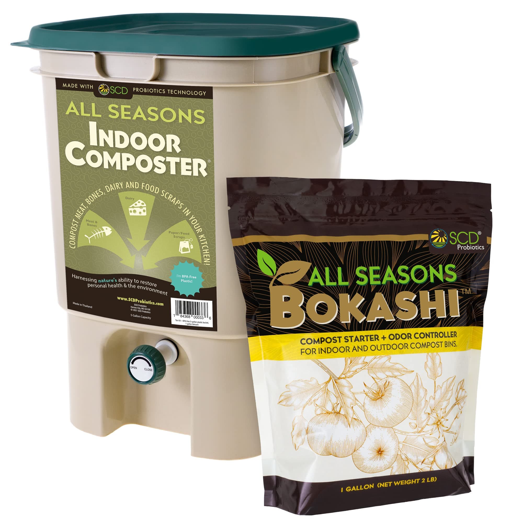 All Seasons Indoor Composter Starter Kit – 5 Gallon Compost Bin for Kitchen Countertop with Lid, Spigot & 1 Gallon (2 lbs.) Bag of Dry Bokashi Bran – by SCD Probiotics