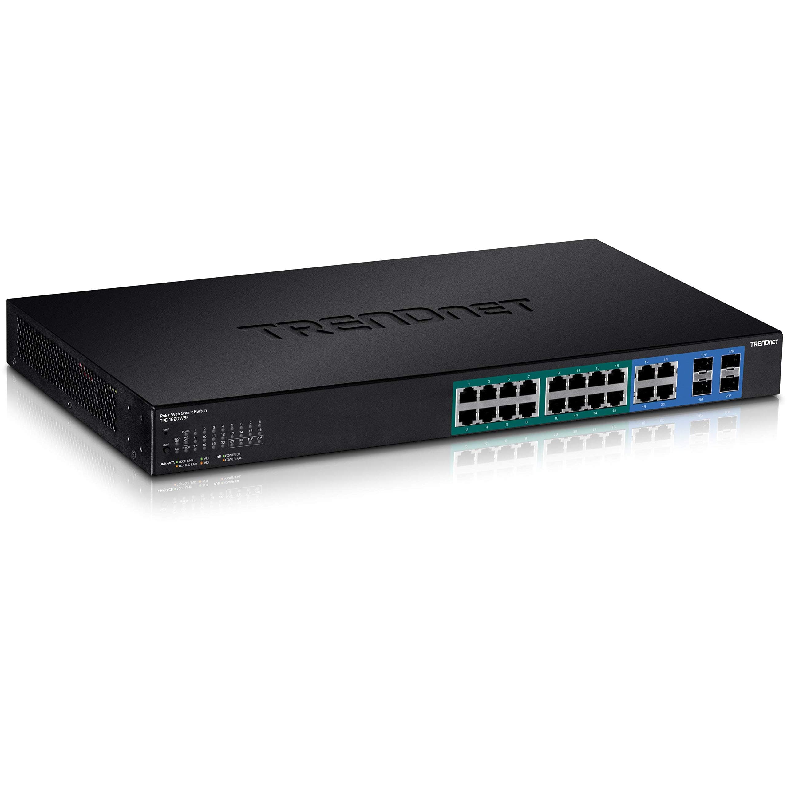 TRENDnet 16-Port Gigabit PoE+ Web Smart Switch with 2 Shared SFP Slots, Up to 30 W Per Port, 185 W Total Power Budget, Rack Mountable, TPE-1620WS