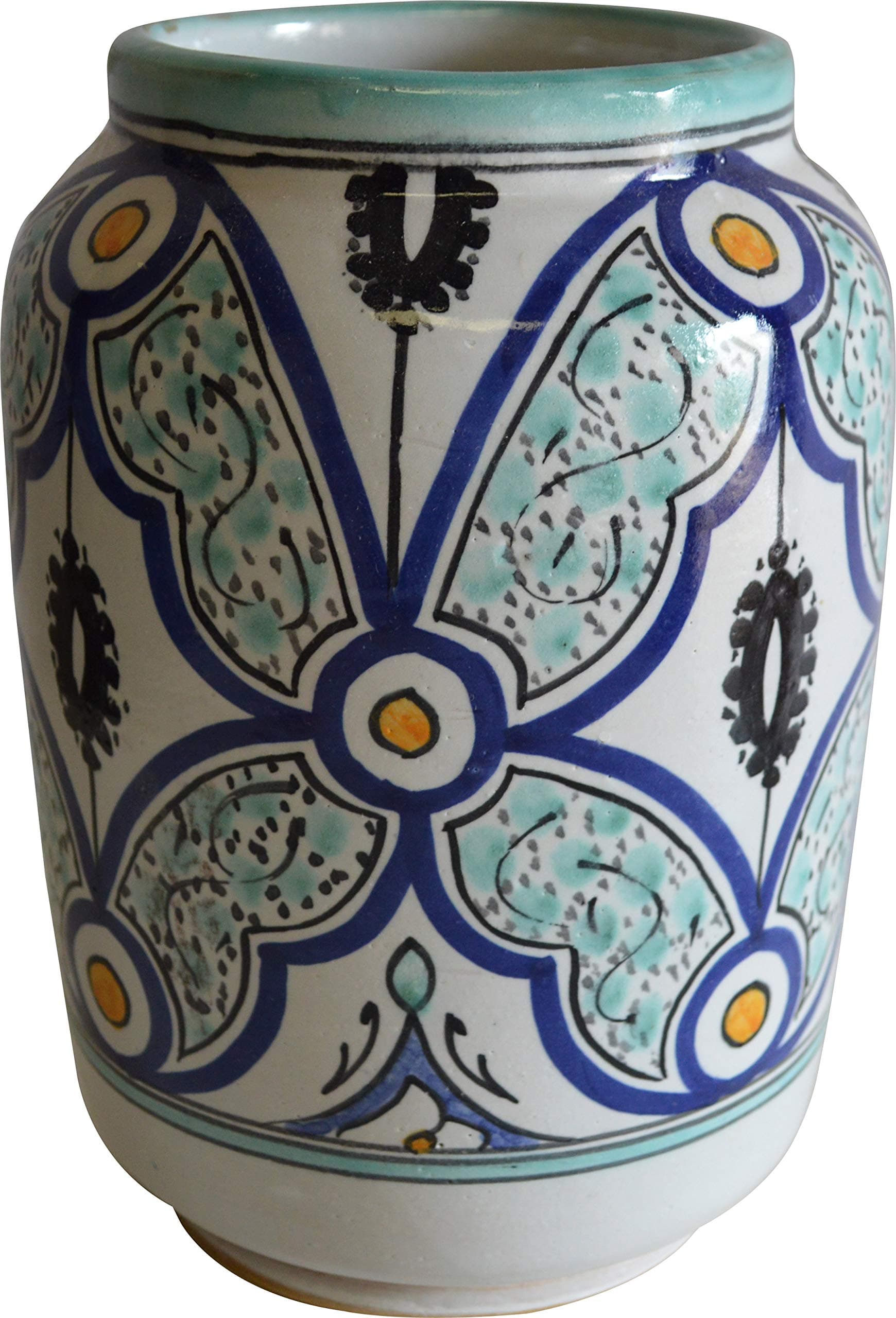 Medium Agadir Hand Painted Moroccan Ceramic Vase from Fez, H 20 Di 15 cm - Green Multicoloured and White Design