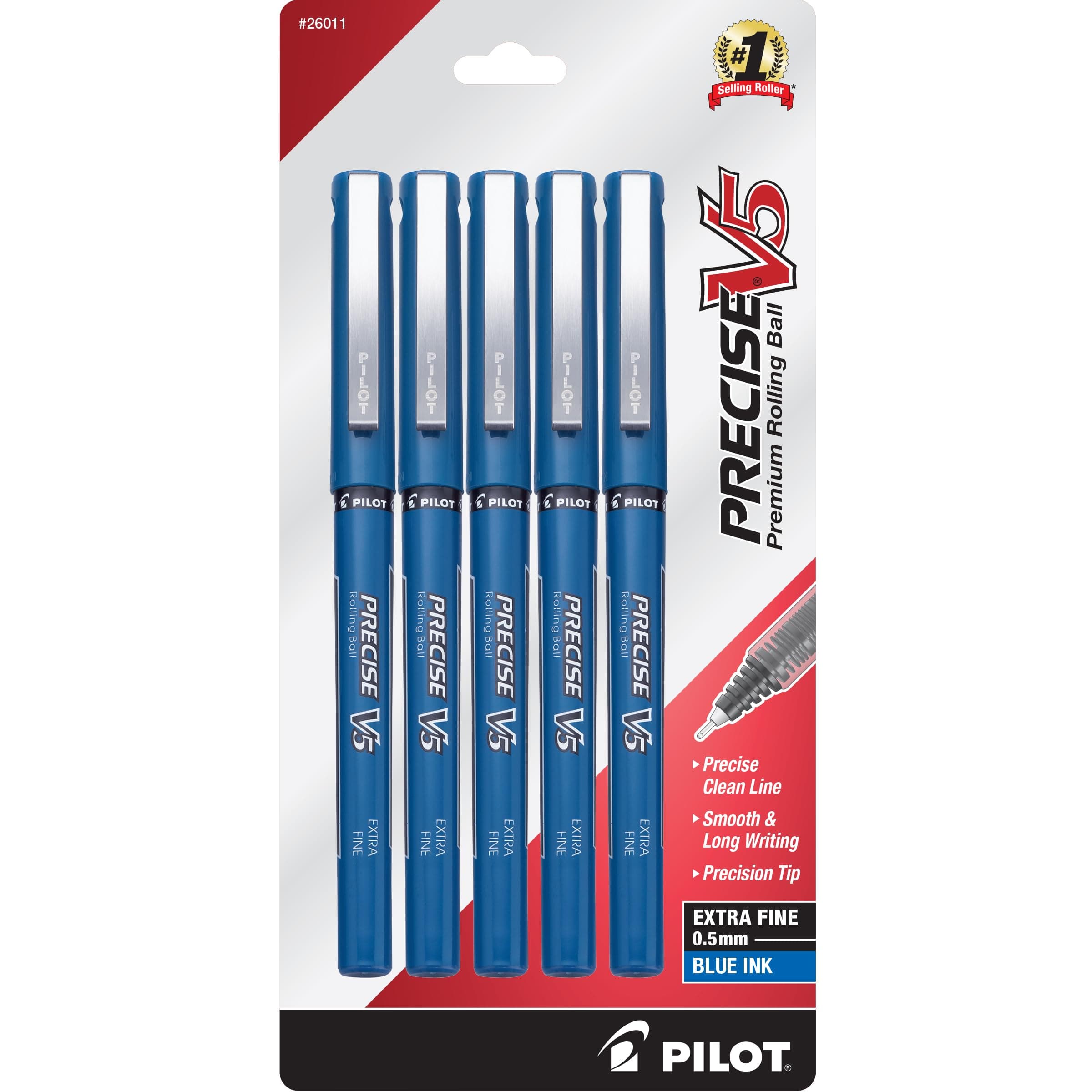Precise V5 Stick Liquid Ink Rolling Ball Stick Pens, Extra Fine Point (0.5mm) Blue Ink, 5-Pack (26011)