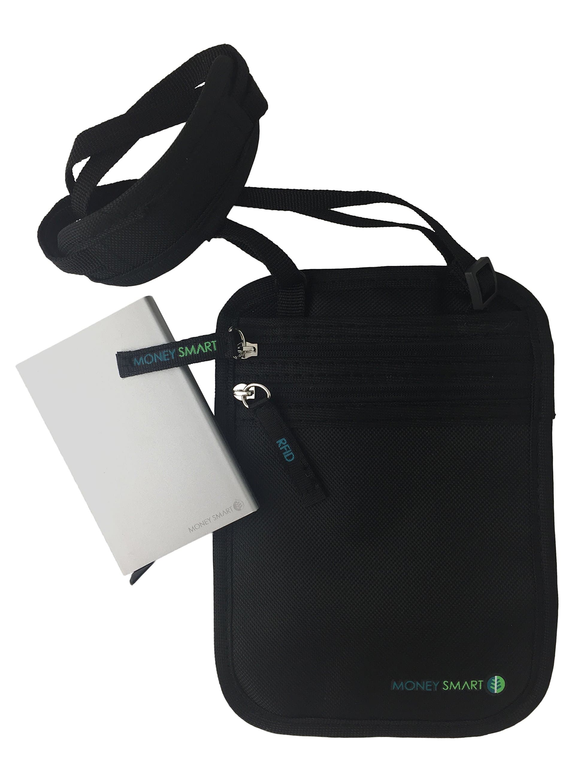 RFID Blocking Neck Pouch & Travel Wallet Bundle (Pack of 2), 1 Neck Undercover Passport Holder + 1 Aluminium Card Holder, Unisex, Black