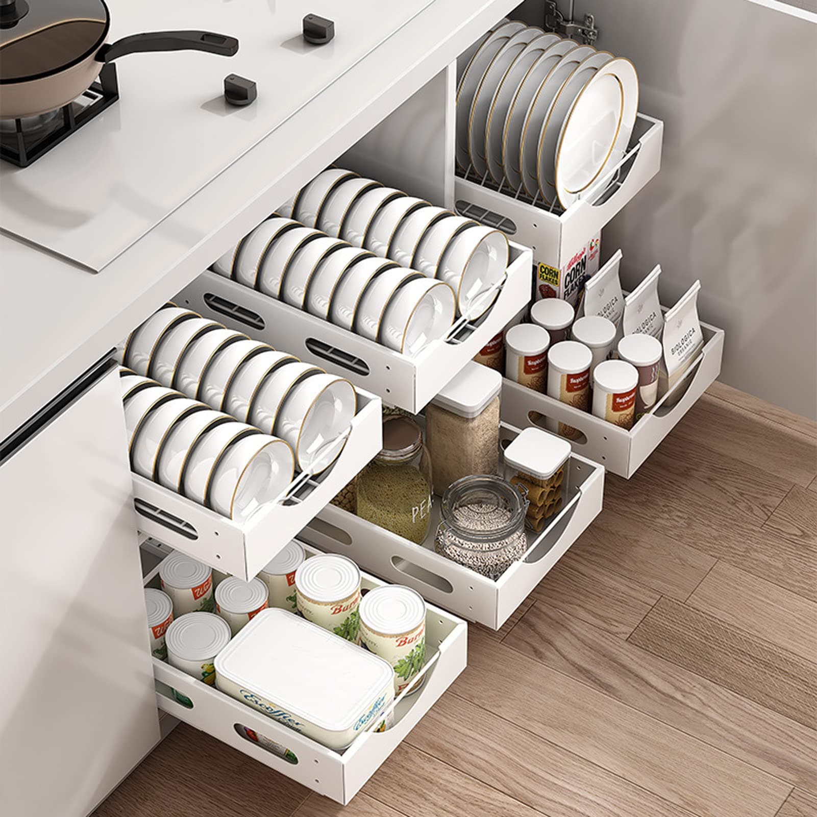 U-HOOME Pull Out Cabinet Drawer Kitchen Organizer,Slide Out Pantry Shelves Spice Rack Fits Spices, Sauces, Cans etc,Under Cabinet Storage (1pcs-Pull out Bowl Rack)
