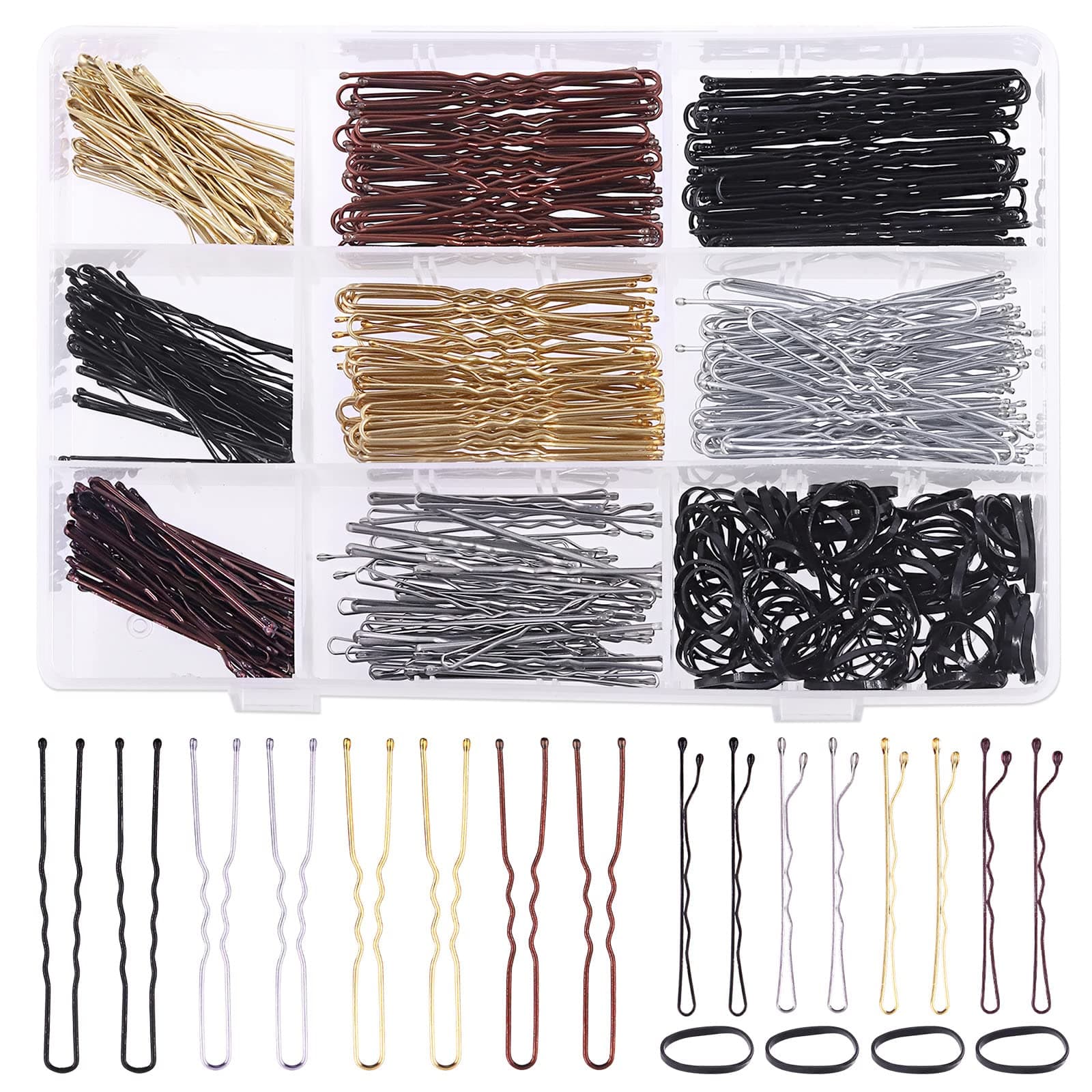 420Pcs 2 Styles Hair Pins Kit with Storage Box, Includes Black Bronze Gold Silver Bobby Pins Buns U Shaped Hair Pins and Rubber Hair Bands for Women Girls Kids for All Hair Types