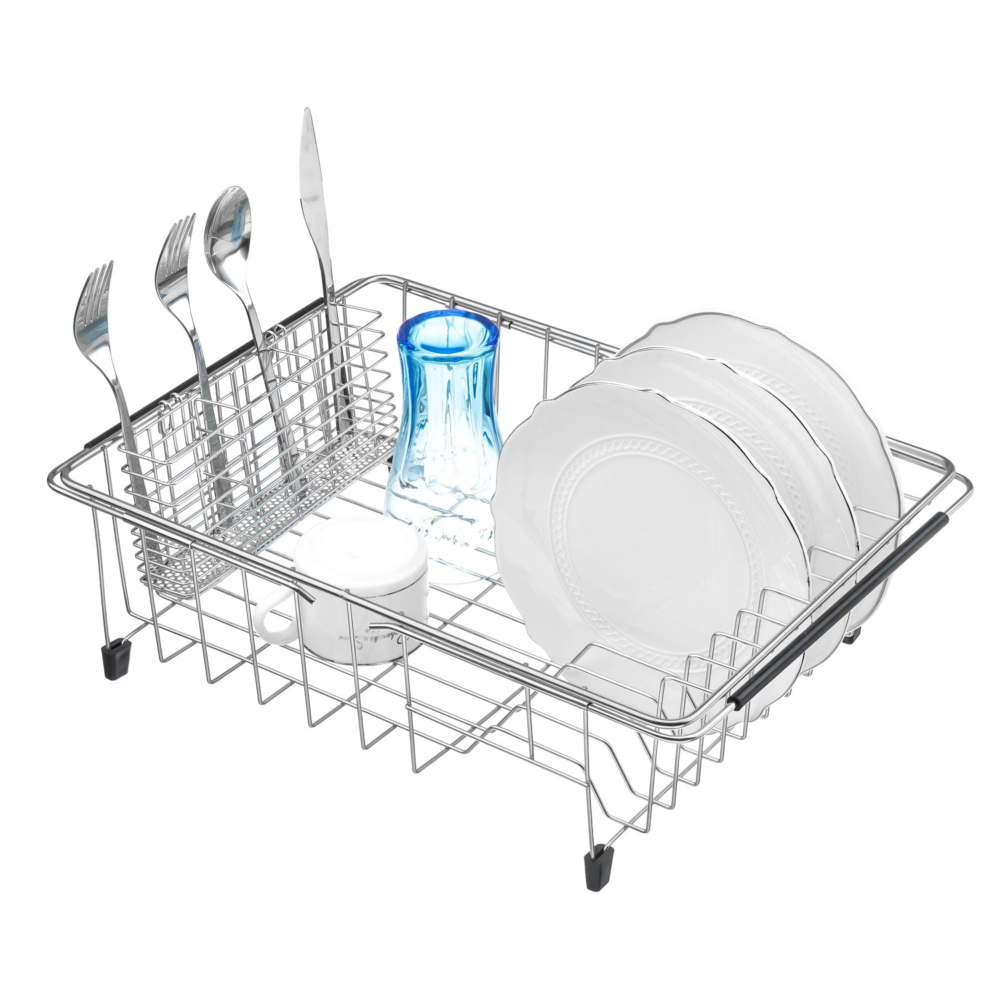 MONOKIT Expandable Sink Dish Drying Rack Kitchen Dish Drainer Rack Large Plate Holder Organizer Basket with Utensil Storage Rustproof Stainless Steel(steel)