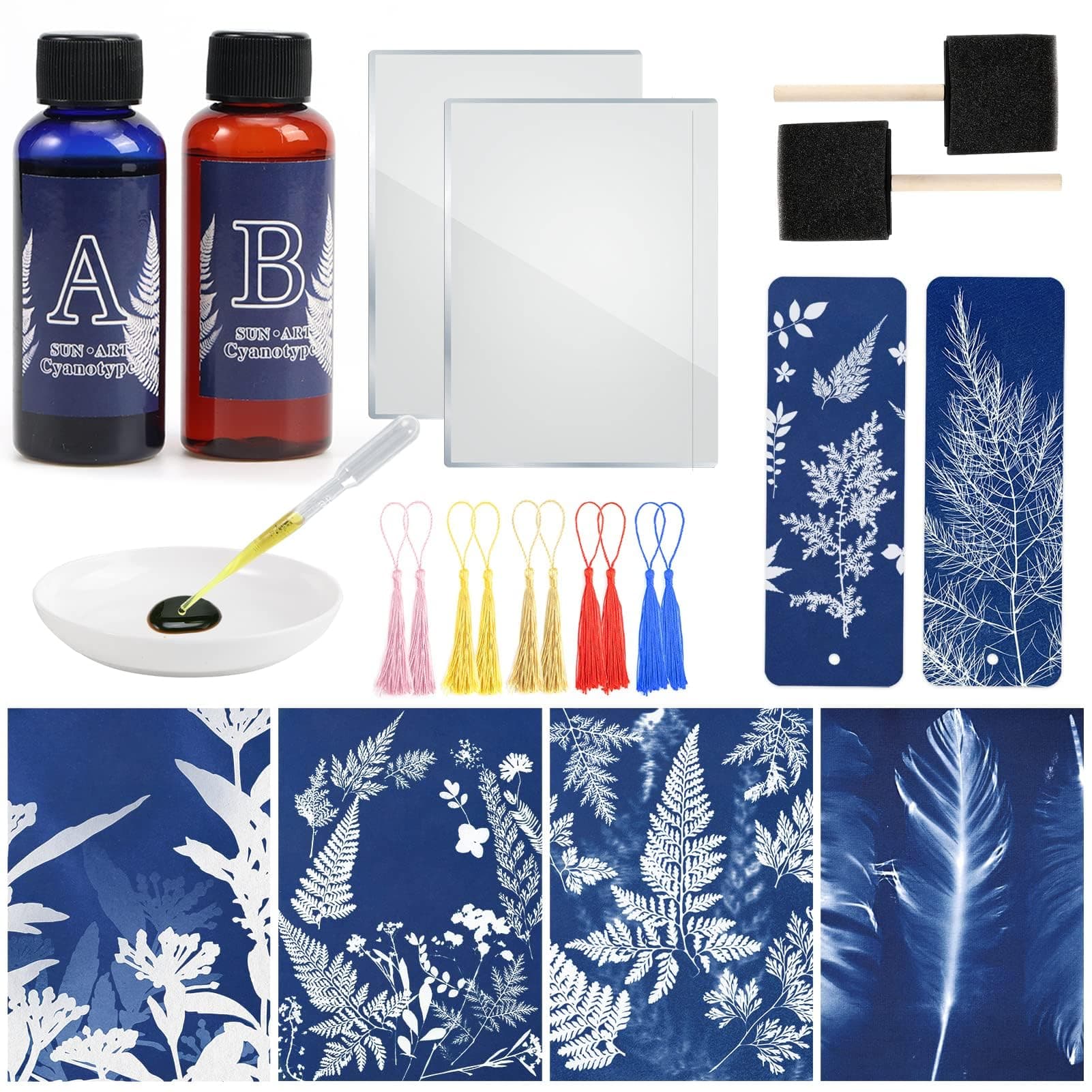 Csyidio Cyanotype Kit Include 2 Component Sensitizer Set, 40 Sheets A5 Paper Brush Tools and Instructions Sun Print Nature Printing Kit for Photographic Blueprints DIY Arts Crafts Projects