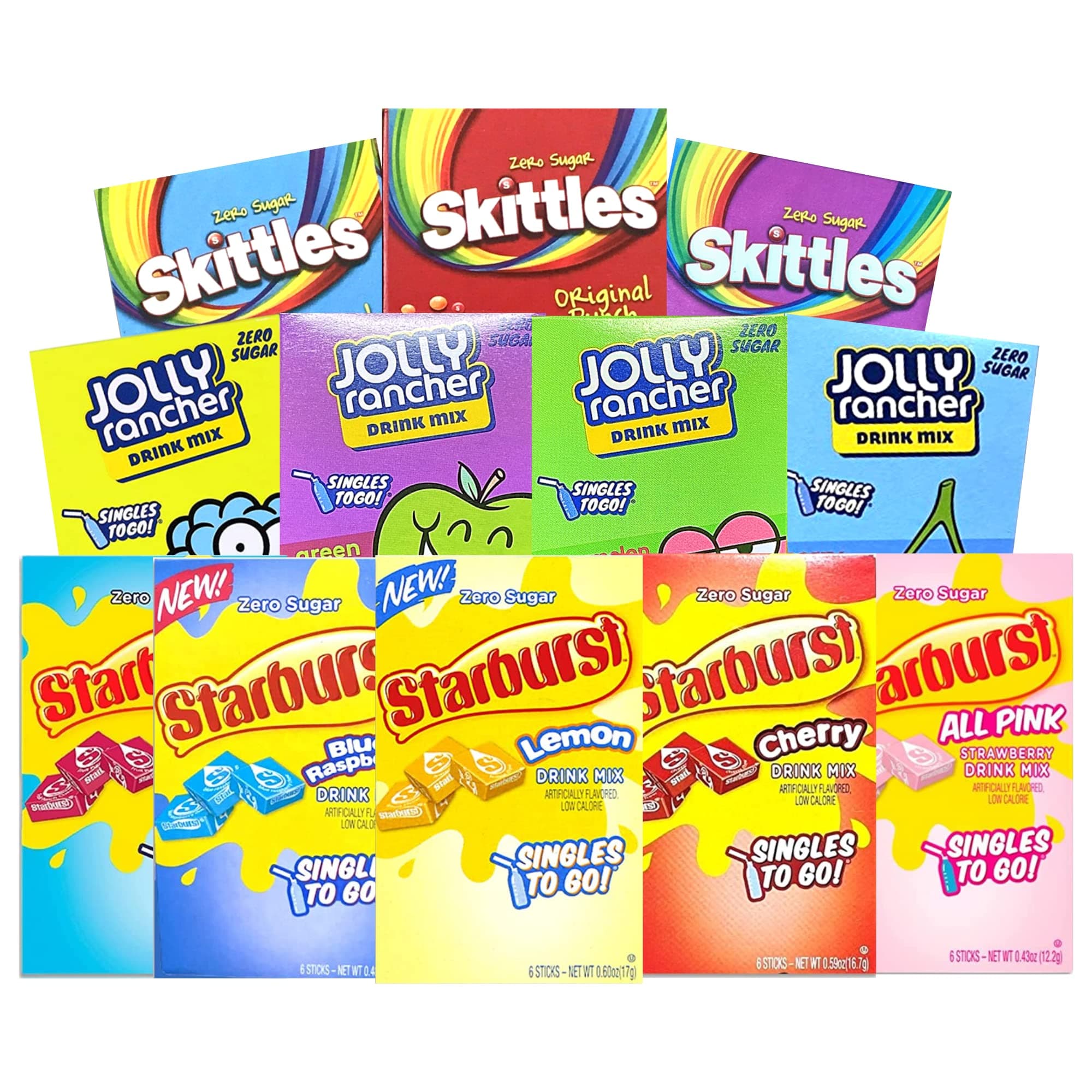 Sugar Free Singles to Go Drink Mix Variety Bundle. Includes 3 Skittles Drink Mix, 4 Jolly Rancher Drink Mix , 5 Starburst Drink Mix and a BELLATAVO Fridge Magnet. Total of 12 Drink Mix Variety Pack.