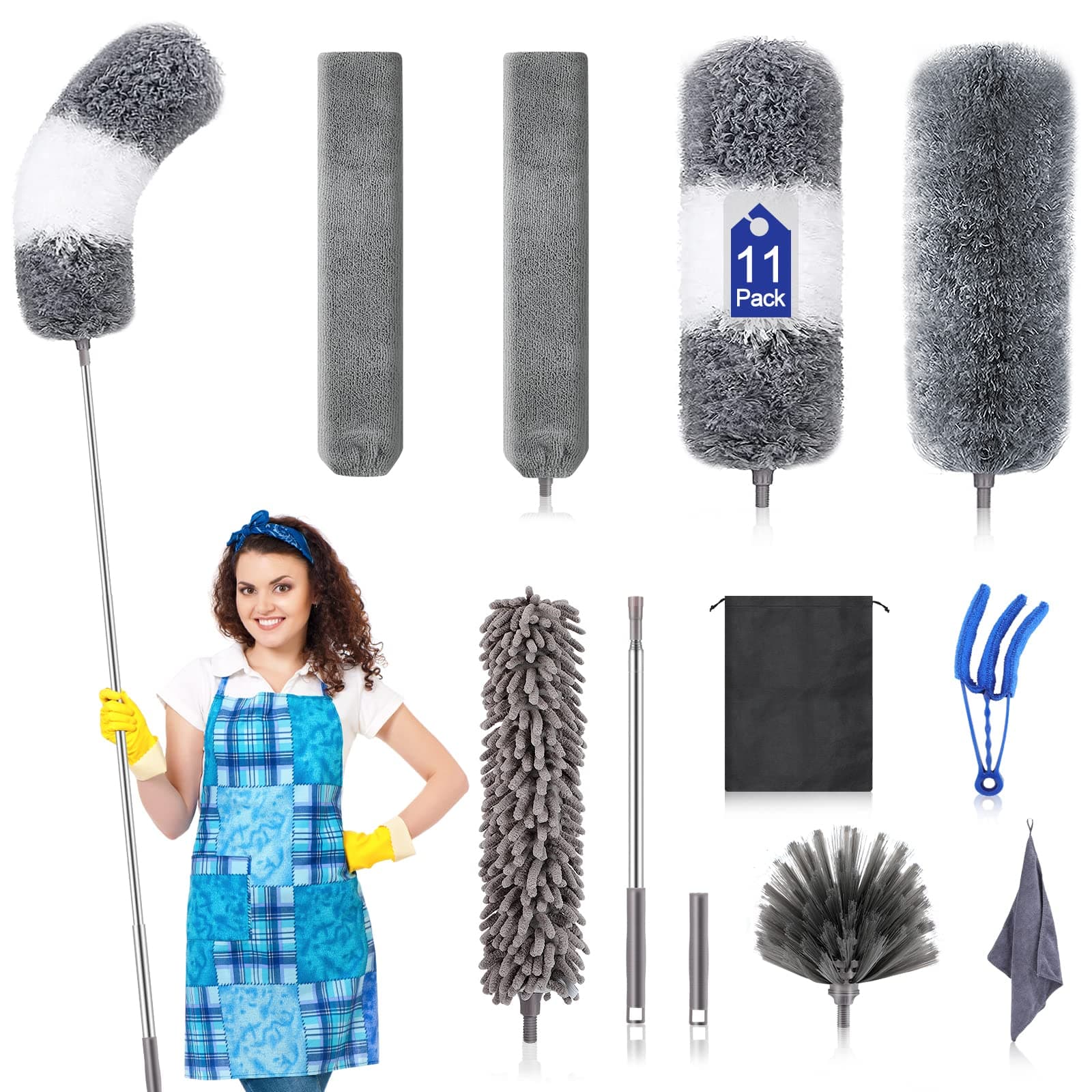 Microfiber Duster Kit (11PCS) - Washable Dusters with Extension Pole (30 to 100 in) for Cleaning Ceilings, Fans, Furniture