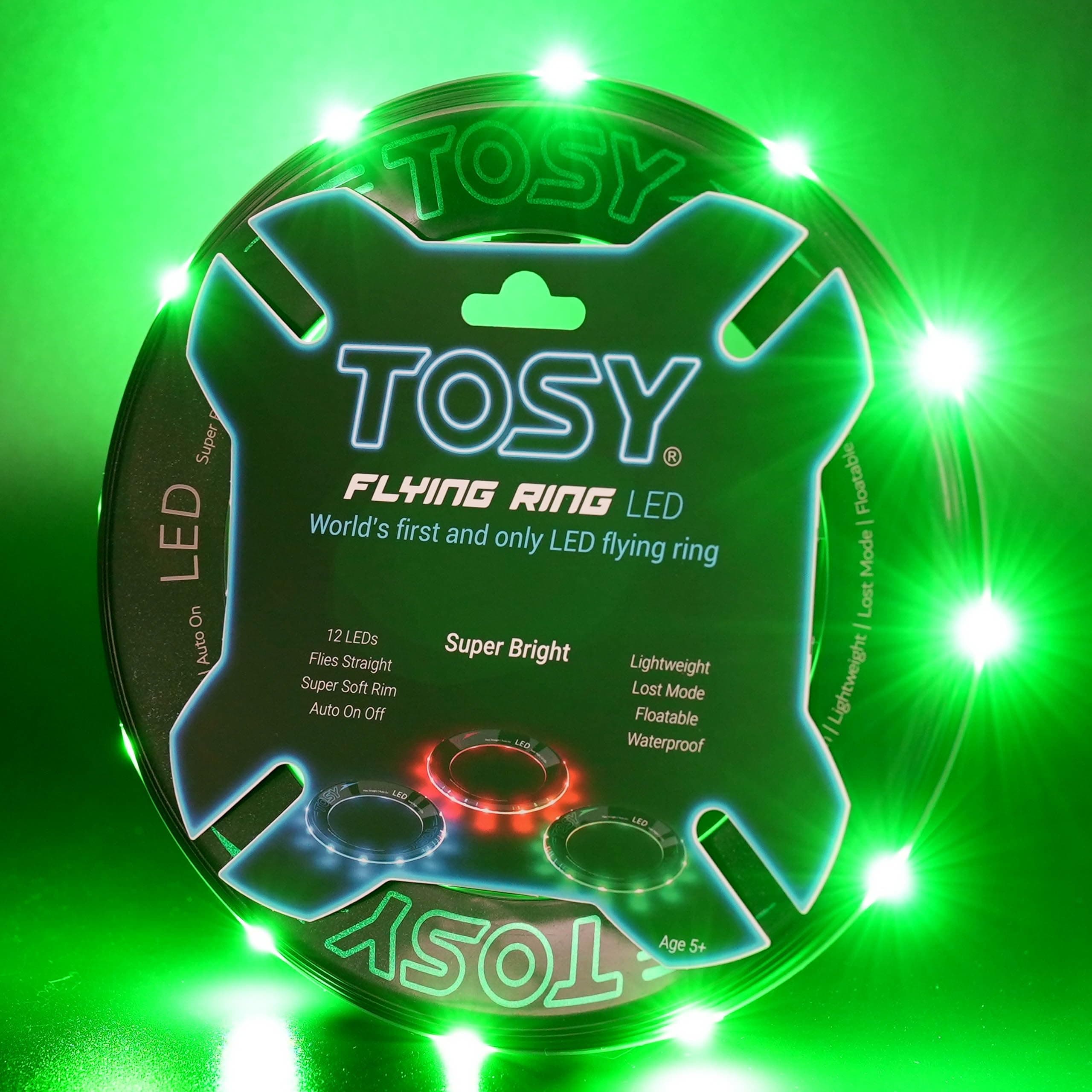 TOSY Flying Ring - 12 monocolor LEDs, Super Bright, Lost Mode, Auto Light Up, Christmas Stocking Stuffers Gift for Kid/Teen/Boy/Girl, Safe, Waterproof, Pool/Beach/Camping Toy (Green)