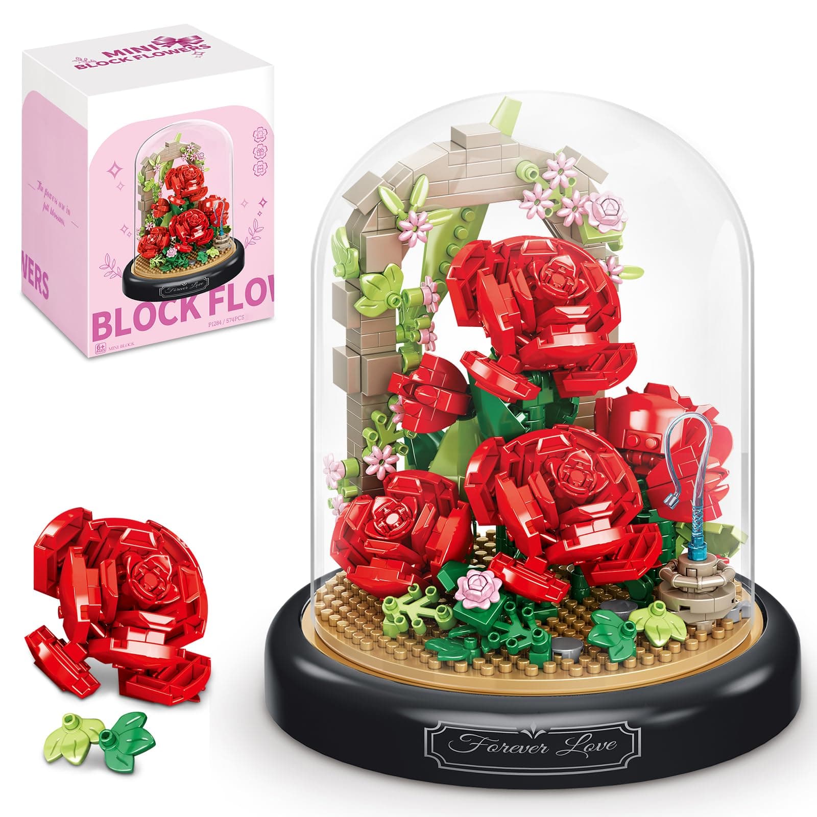 Rose Flower Building Block Set Easter with Base Transparent Cover 574 PCS Decorative Floral Model Display Gift Christmas Birthday Ages 14+