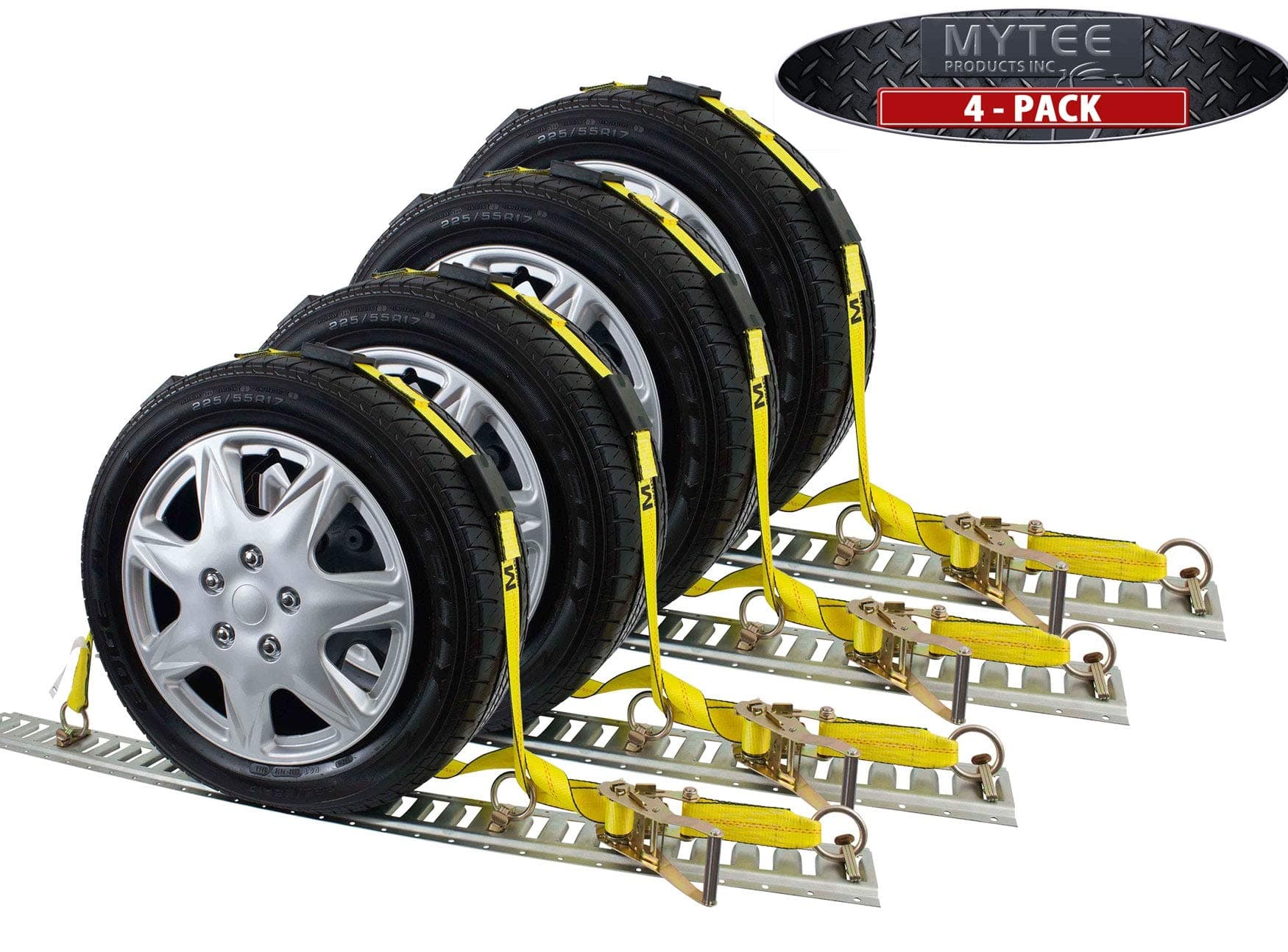 Mytee Products (4 Pack) 2" x 10' E Track Tire Straps - Over The Tire Car Hauler Ratchet Wheel Straps with E-Track Fittings - Car Trailer Tie Down Vehicle Auto Tie Down