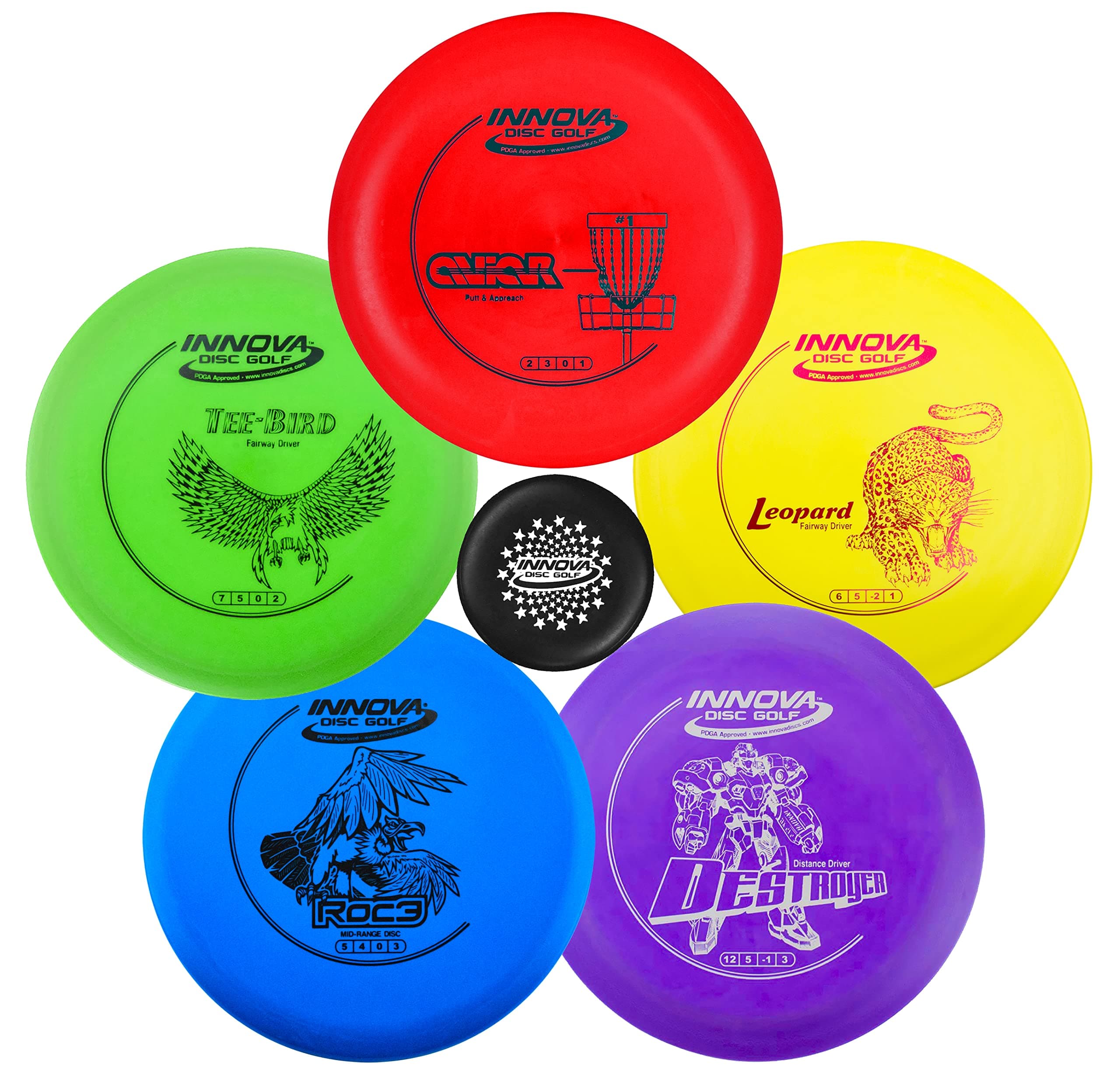 Innova Disc Golf Starter Set –Colors May Vary 160-180g – Includes Putter, Mid Range, 2X Fairway Drivers, Distance Driver, Mini Marker Beginner Disc Golf Set