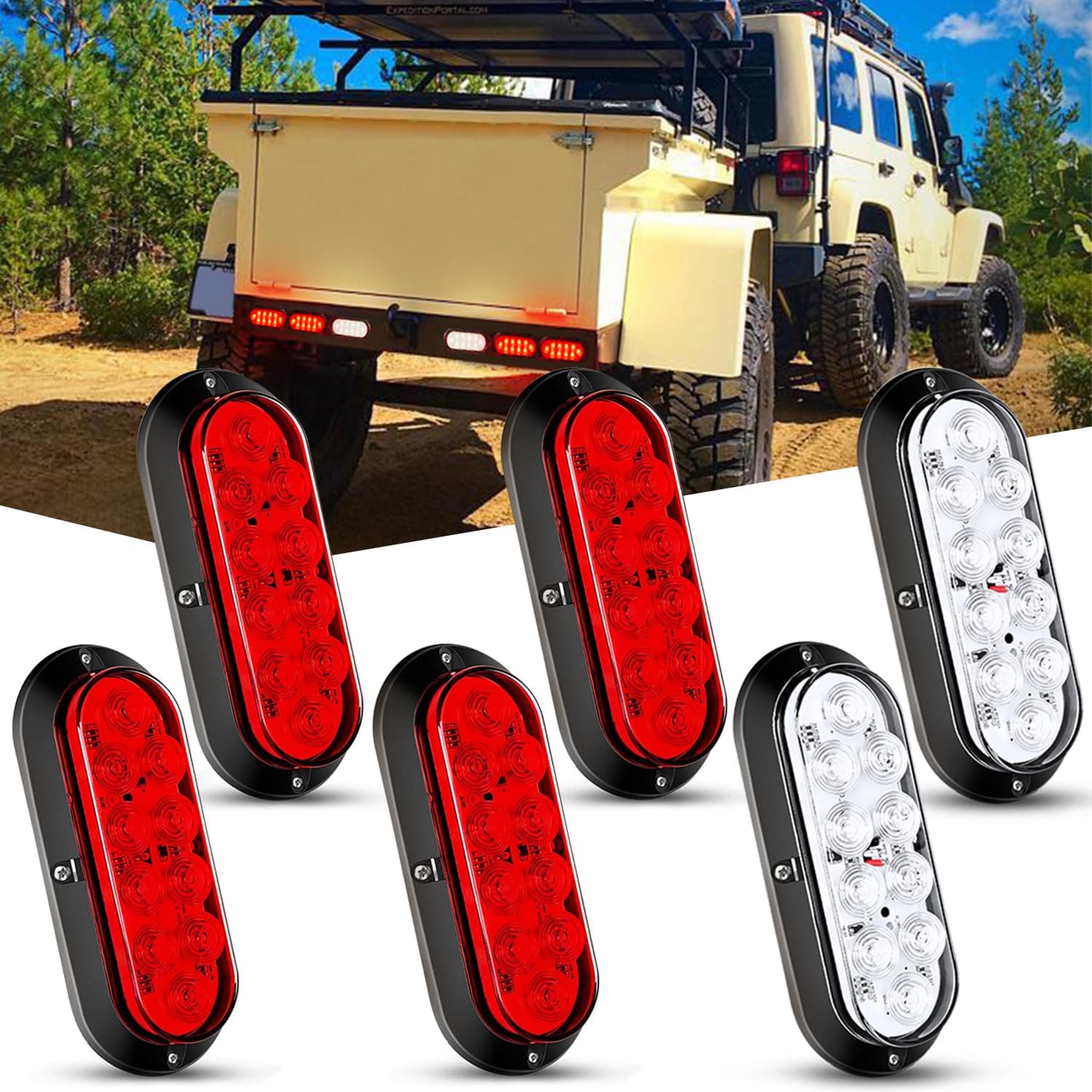 Nilight 6 Inch Oval Red White LED Trailer Tail Light 6PCS Waterproof Stop Brake Turn Reverse Back Up Surface Mount Trailers Lights for Truck RV Boat Bus Lorry Van Caravan