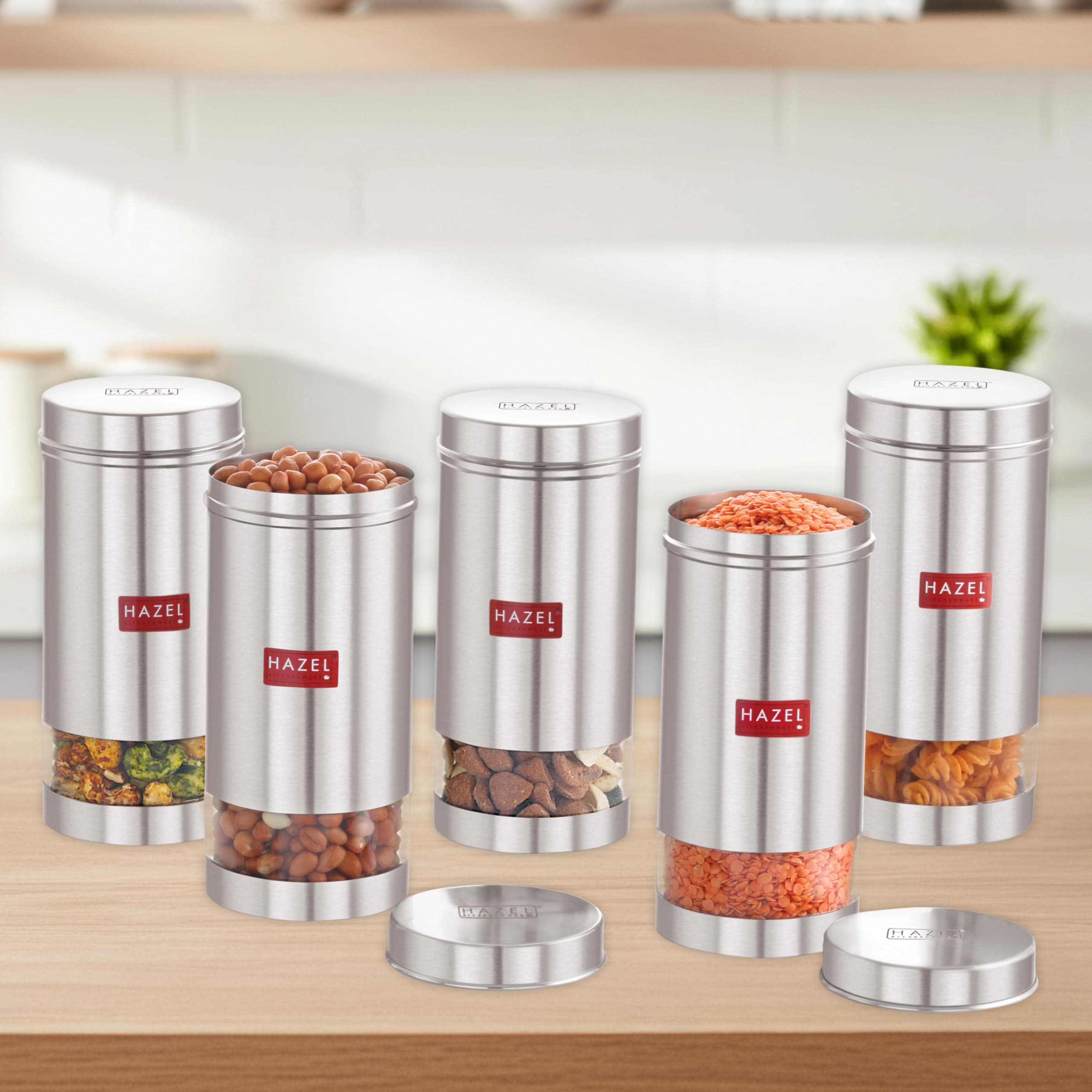 HAZEL Stainless Steel Transparent See Through Container, Silver, Set of 5, 1 Ltr