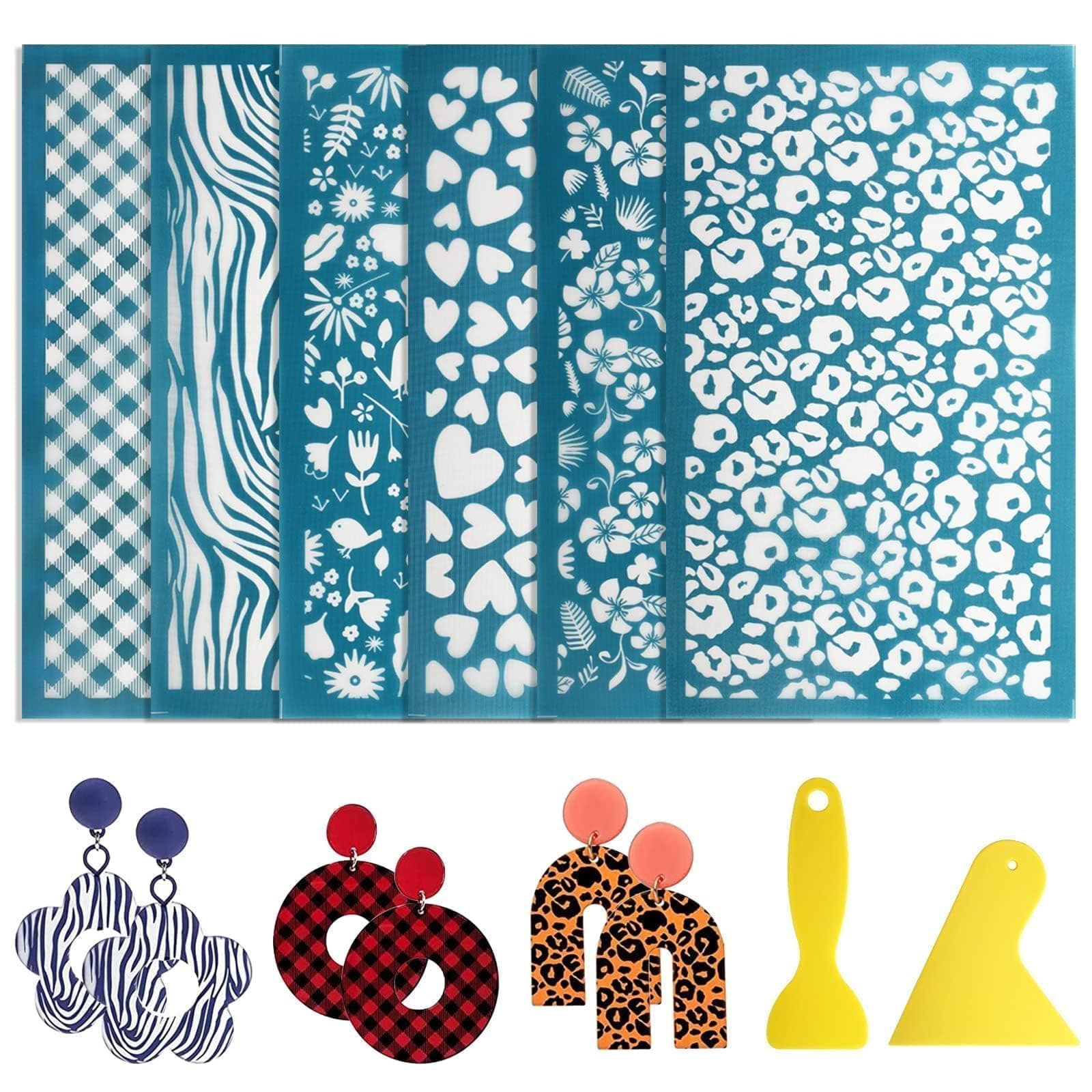 EEEKit 6 Pcs Silk Screen Stencils for Polymer Clay Cutter, 15 x 9CM Polymer Clay Tools with 2 Scrapers for DIY Jewelry Making