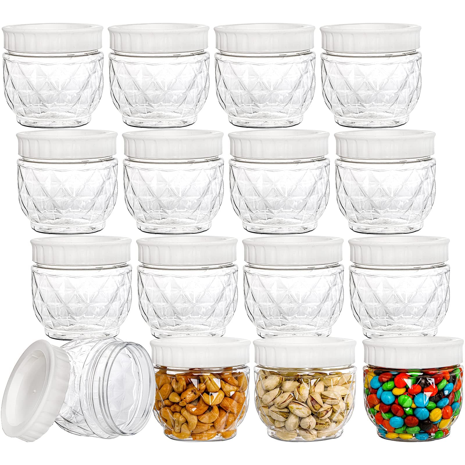 Lawei 12 Pack Clear Plastic Jars with Lids, 17 Oz Refillable Food Safe Storage Jars, Leak-Proof Wide Mouth Empty Storage Containers for Dry Food, Spices, Nuts, Honey, Jam, Kitchen Use