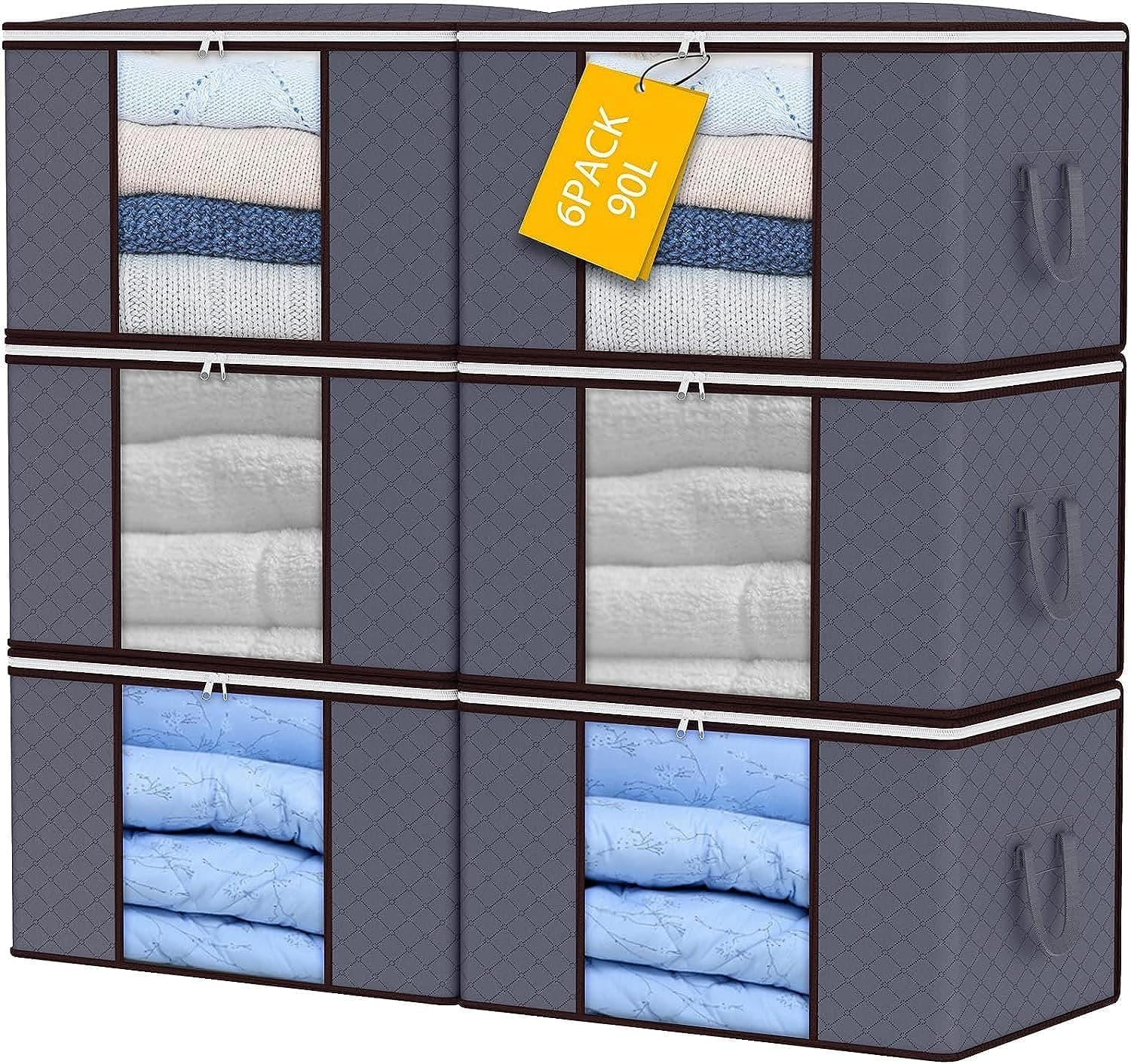 SKY-TOUCH 6 Pcs Large Capacity Sized Bags, Clothes Storage Bag Organizers, Foldable, Durable and Space Saver with See-Through Window and Carry Handles 90L