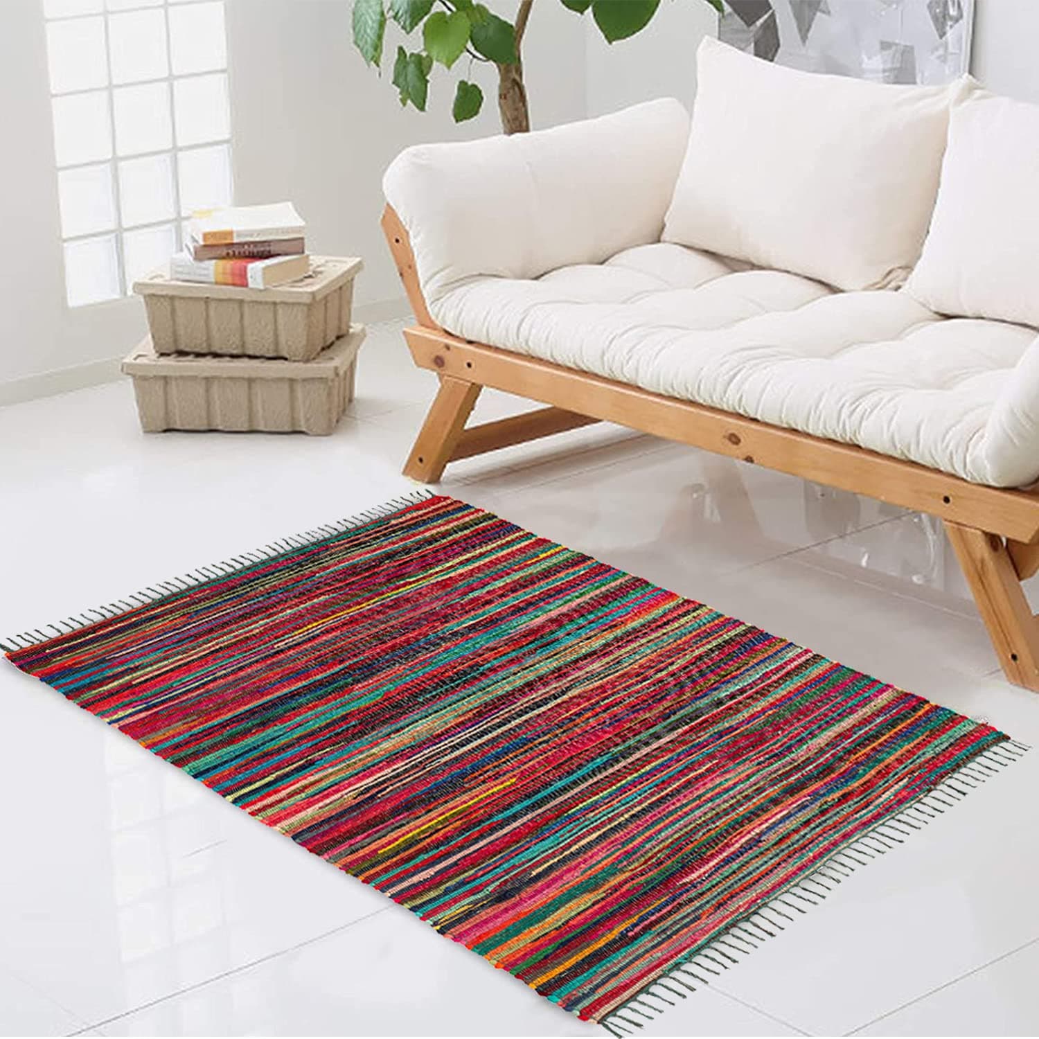 Rectangle Hand Made Chindi Rug with Complete Recycled 100% Pure Cotton - Multi Colorful Rug with Stripes - Decorative Pink Rugs for Living Room, Bedroom Decor and Garden (50 x 80 cm)