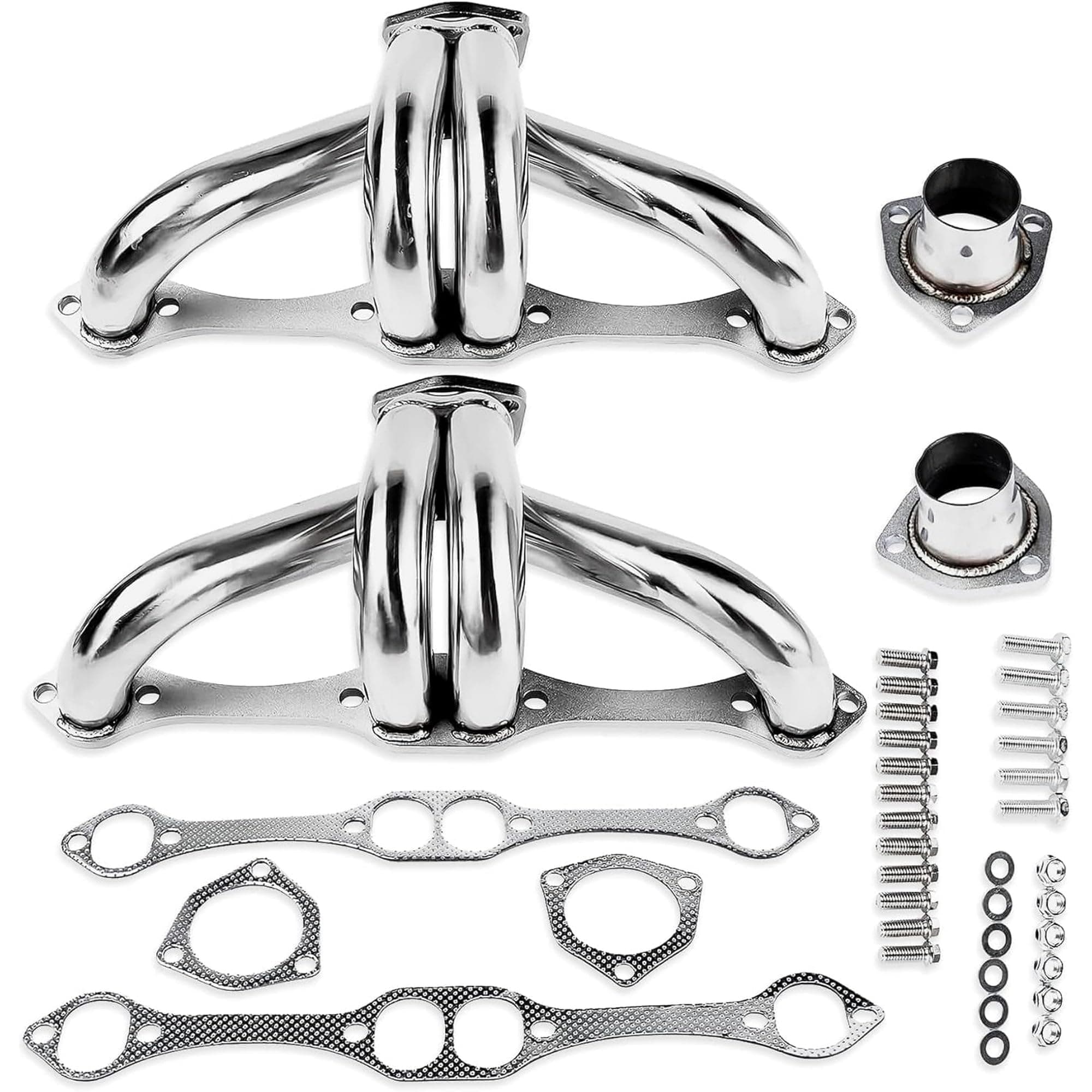 Center Dump Block Hugger Headers for Gen 1 SBC 265 283 302 305 327 350 400 V8 Stainless Steel 3 Bolt Shorty Style for Street Rods 1955 1956 1957 Chevy Hot Rod Swaps Not for Side or Clamshell Mounts