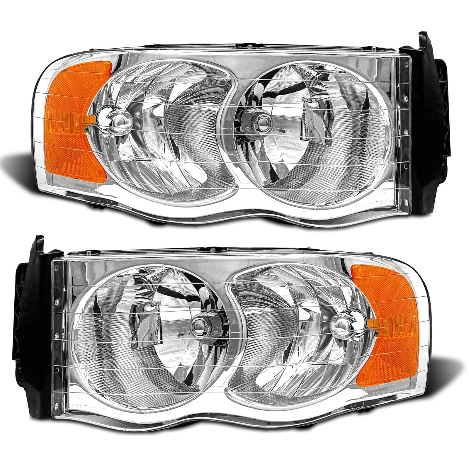Headlight Assembly Compatible with 2002-2005 Dodge Ram 1500/03-05 Ram 2500 3500 Chrome Housing with Amber Reflector Clear Lens Headlamp Replacement Left and Right(W/O Bulbs)