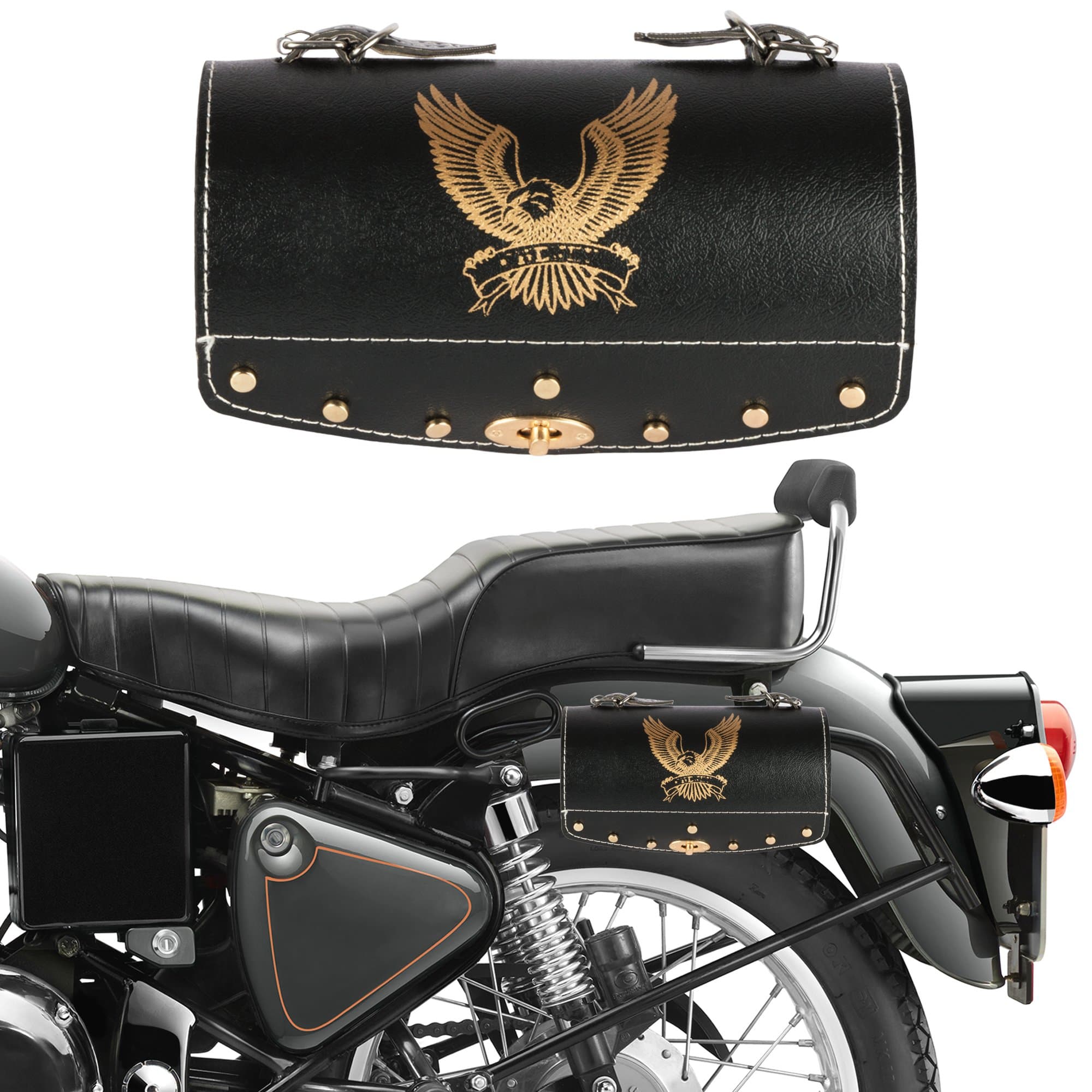 Autofy Universal Hawk Printed Single Lock Saddle Bag for All Bikes (Black, Golden) | Leatherette