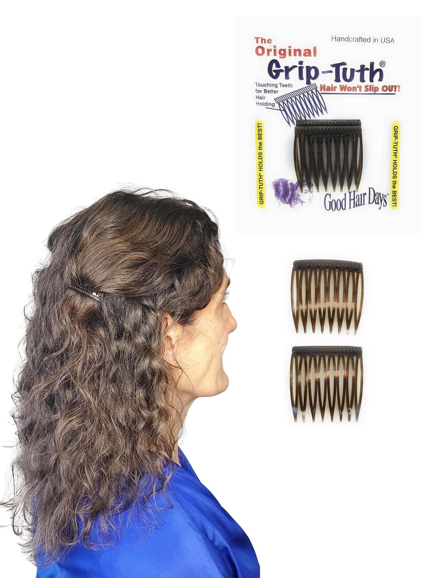 Good Hair Days Grip-Tuth Combs - 1 1/2" Side Combs, For All Types Of Hair, Decorative & Styling Women Accessories - Tortoise Shell, Set Of 2