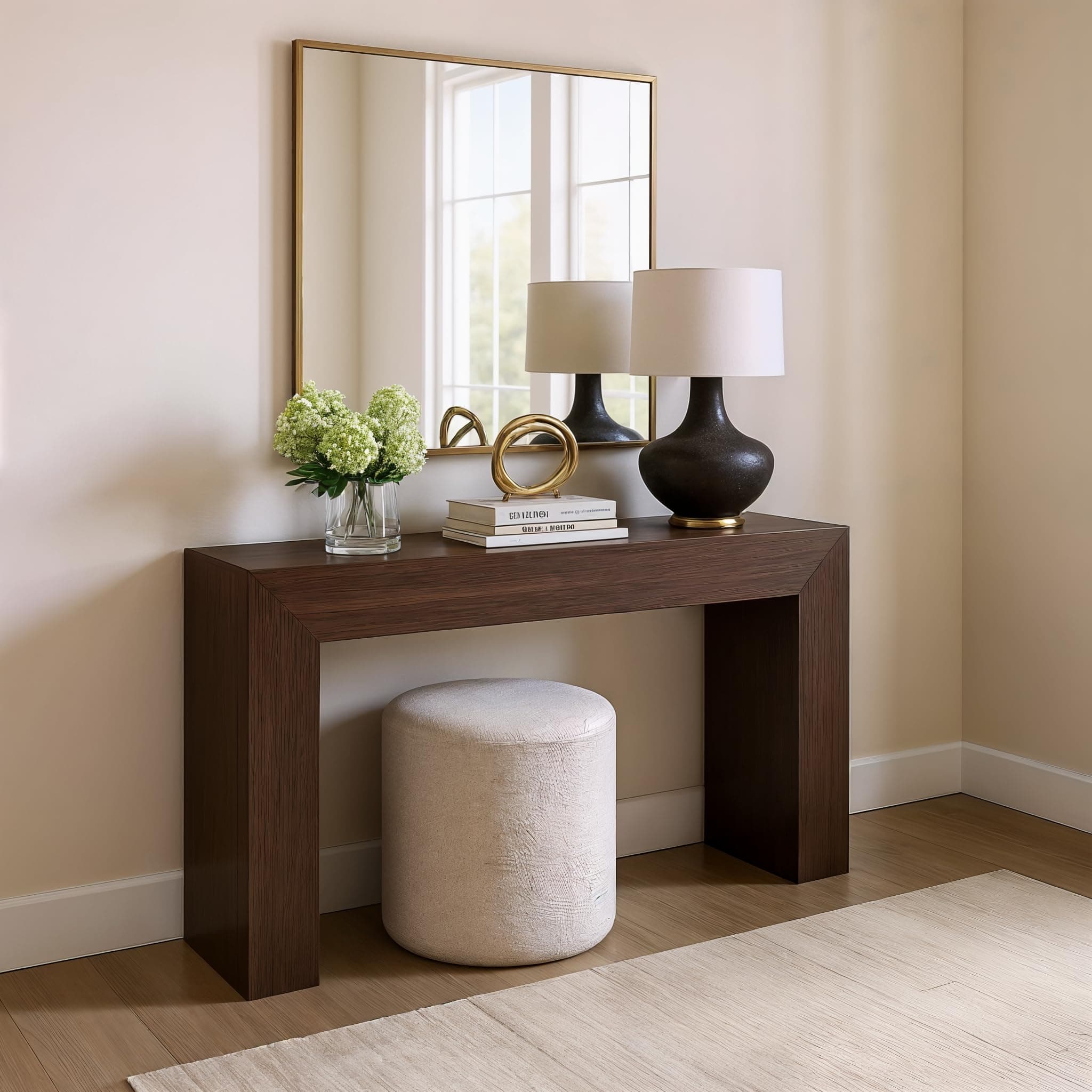 Grand Console Table, 56 Inch Solid Wood Modern Sofa Table, Narrow Entryway Table for Hallway, Behind The Couch, Living Room, Foyer, Walnut Wirebrush