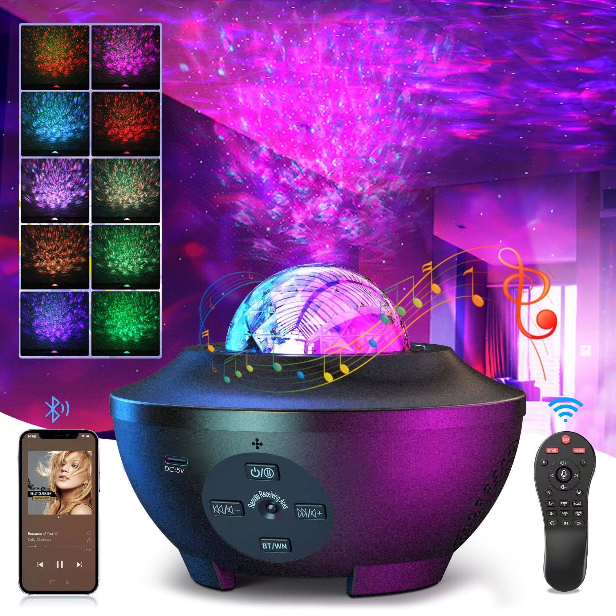 Devan Star Galaxy Light Projector Ocean Wave LED Night Light Lamp with Remote Control Colors Changing Music Bluetooth Speaker Timer for Baby