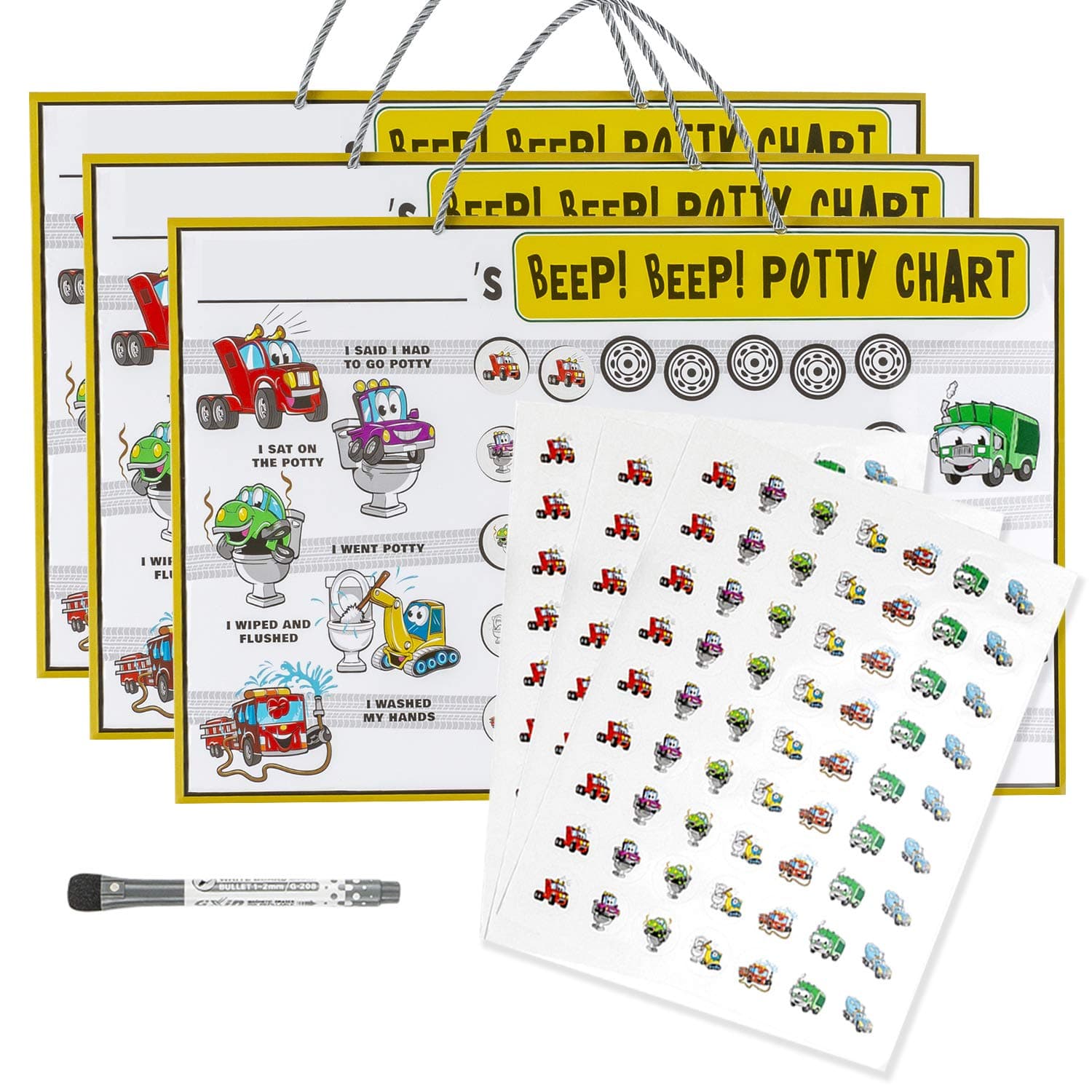 Beep! Beep! Potty Training Chart - 3 Charts with 189 Reward Stickers, Early Learning to Build Self Confidence, Fun and Easy Motivational Tool for Toddler Boys and Girls