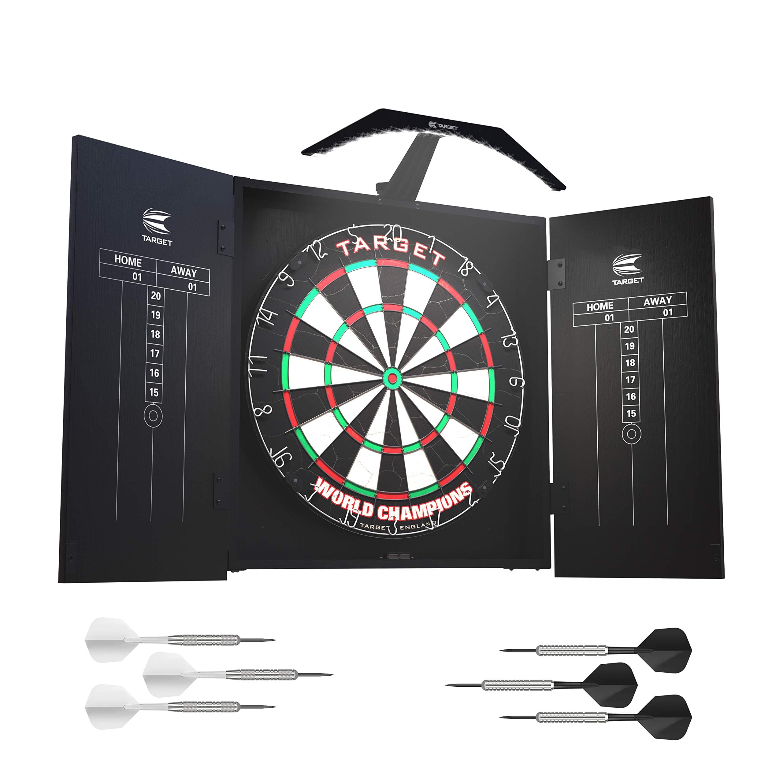 Arc Dartboard Lighting System Home Cabinet Set - Includes World Champions Dartboard and 2 Sets of Darts, Black