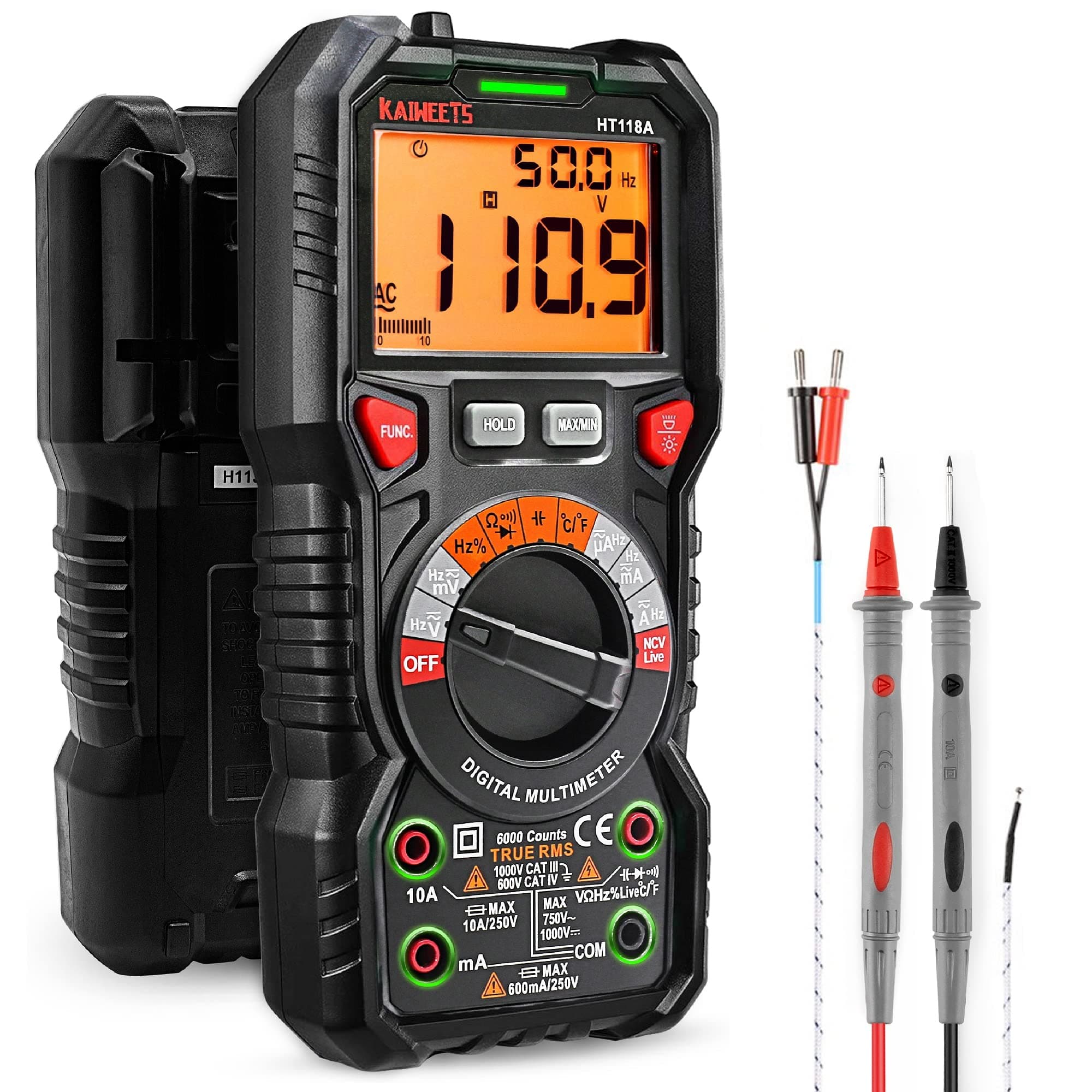 - KAIWEETS HT118A Digital Multimeter TRMS 6000 Counts Ohmmeter Auto-Ranging Fast Accurately Measures Voltage Current Amp Resistance Diodes Continuity Duty-Cycle Capacitance Temperature (without battery)