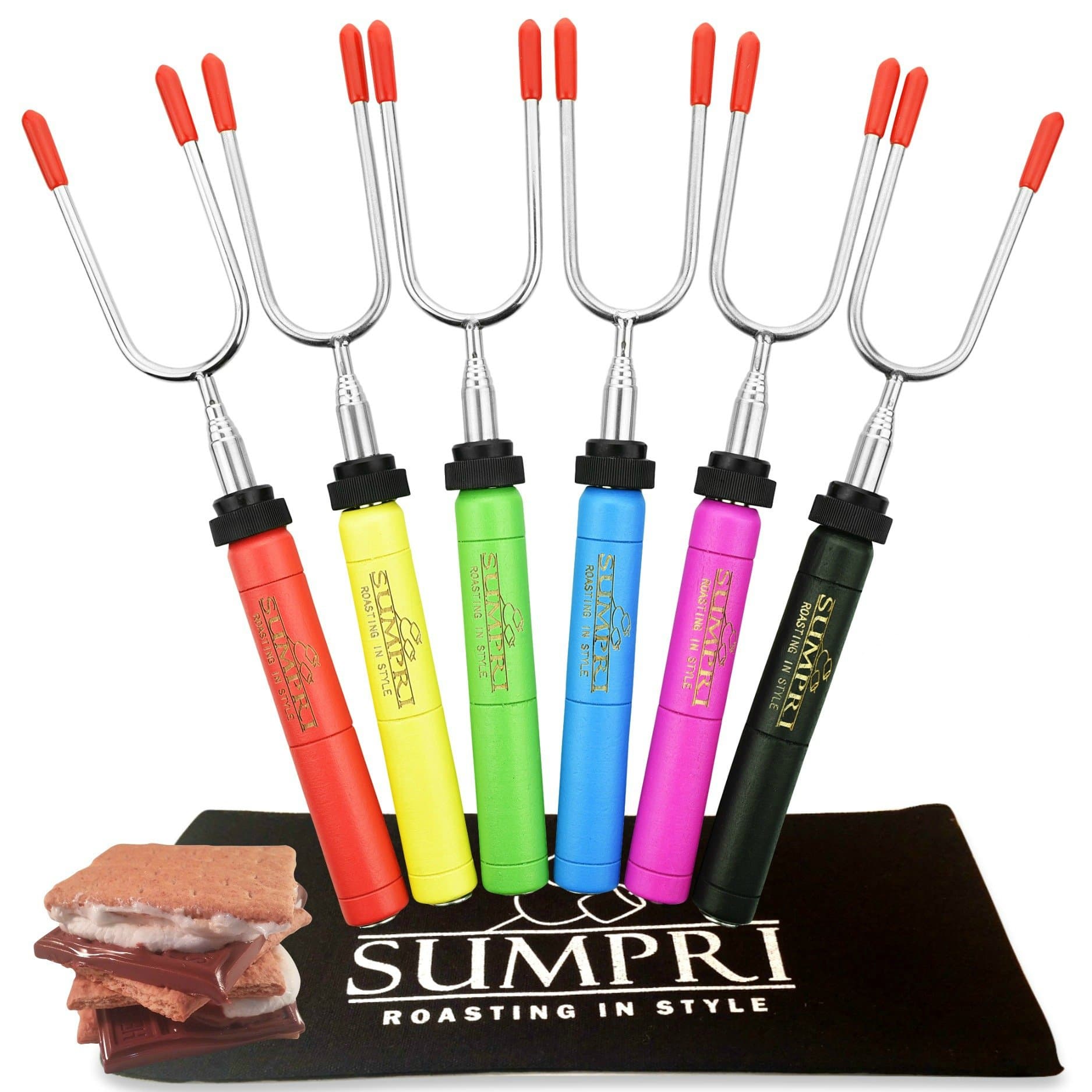Smores Sticks For Fire Pit - Marshmallow Roasting Sticks For Campfire, Rotating Smore Sticks Set of 6 - Safe, Fun Telescoping Multicolored 34 Inch Hot Dog Sticks - SUMPRI Long Camping Skewers