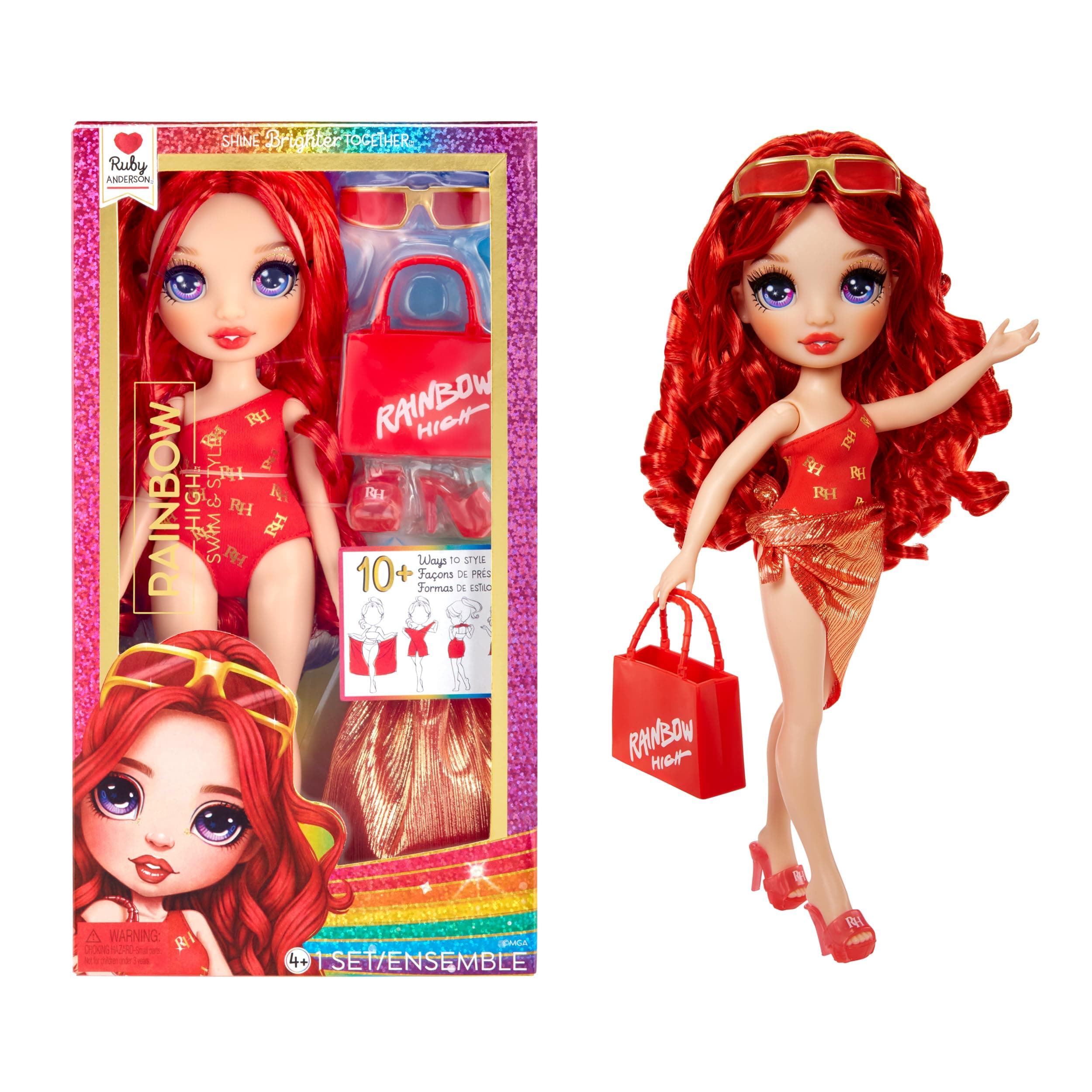Swim & Style - Ruby (Red) - 28 cm Large Doll with Shimmering Pareo, 10+ Ways to Wear - Extendable Swimsuit, Sandals, Play Accessories - Toy - Ideal for 4 to 12 Years