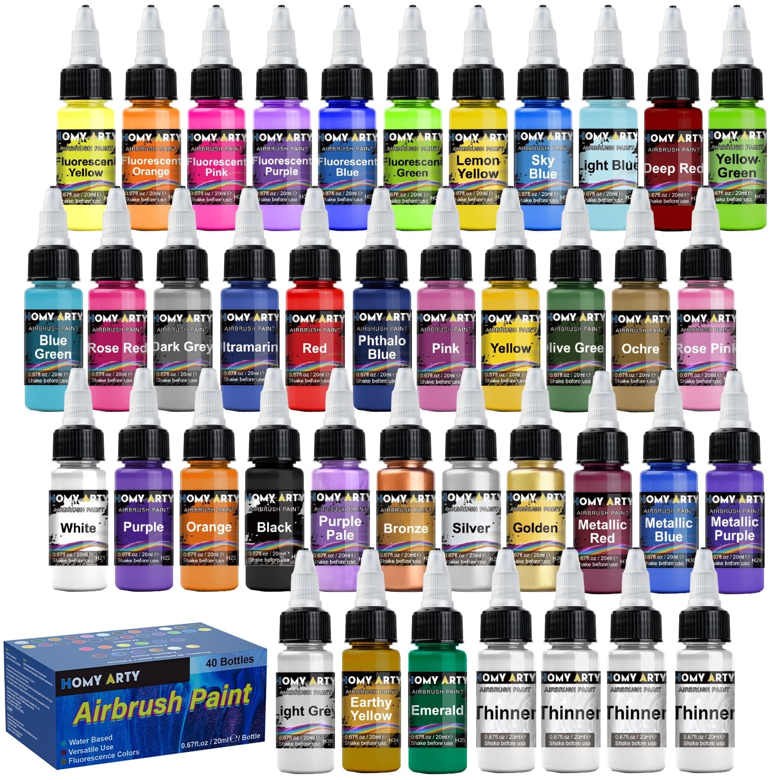 HOMY ARTY Airbrush Paint - 36 Colors with 4 Thinner, Ready to Spray Airbrush Paint Set, Water-Based Acrylic Air Brush Paints for Metal, Plastic Models, Canvas, Wood - 40 Bottles