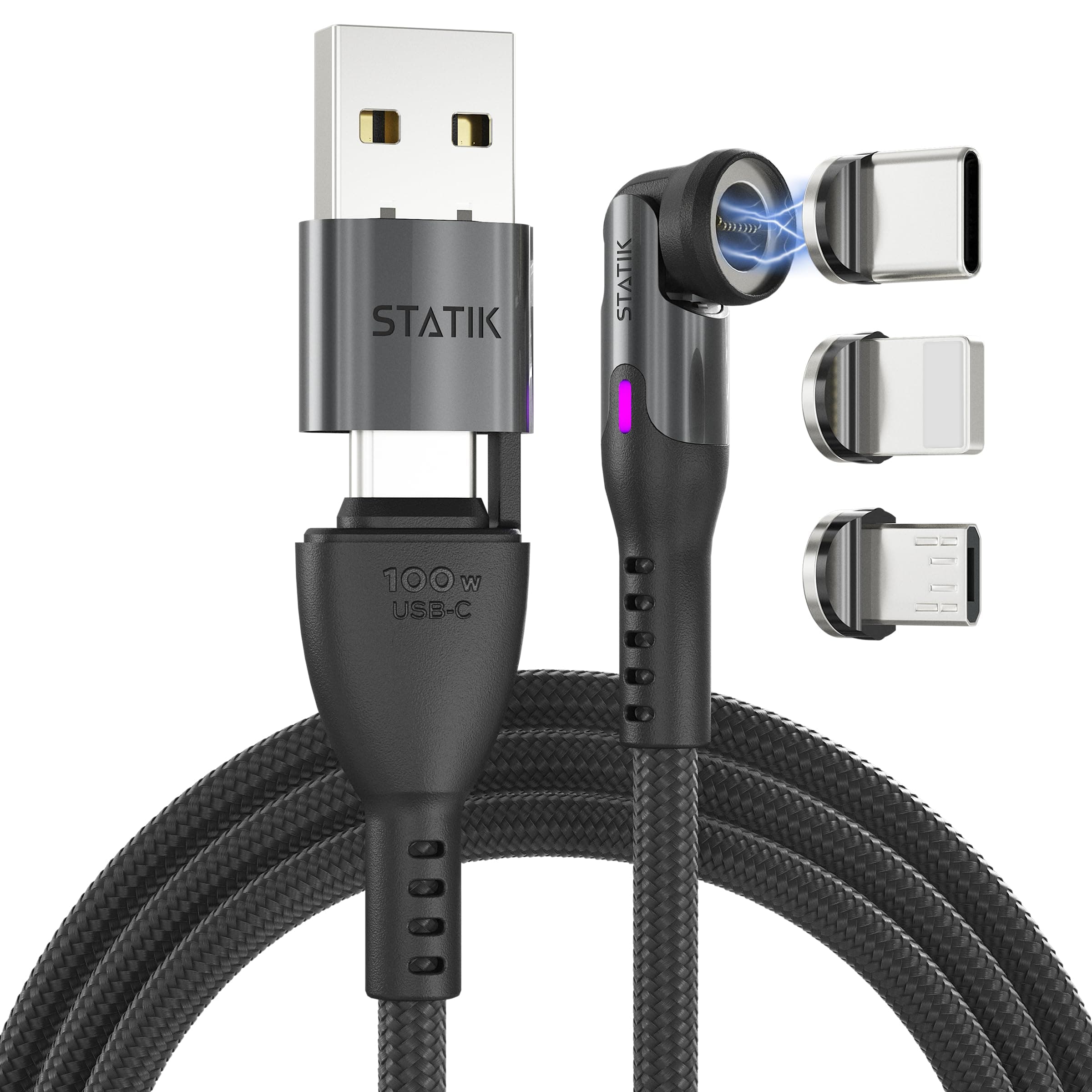 Statik 360 Pro Magnetic Charging Cable - Type C Charger Fast Charging 3 in 1 USB C to USB C Cable, Micro USB & iProduct Tips, USB A Adapter, Fits All Devices - 100W Fast Charger, Black 10FT/3M