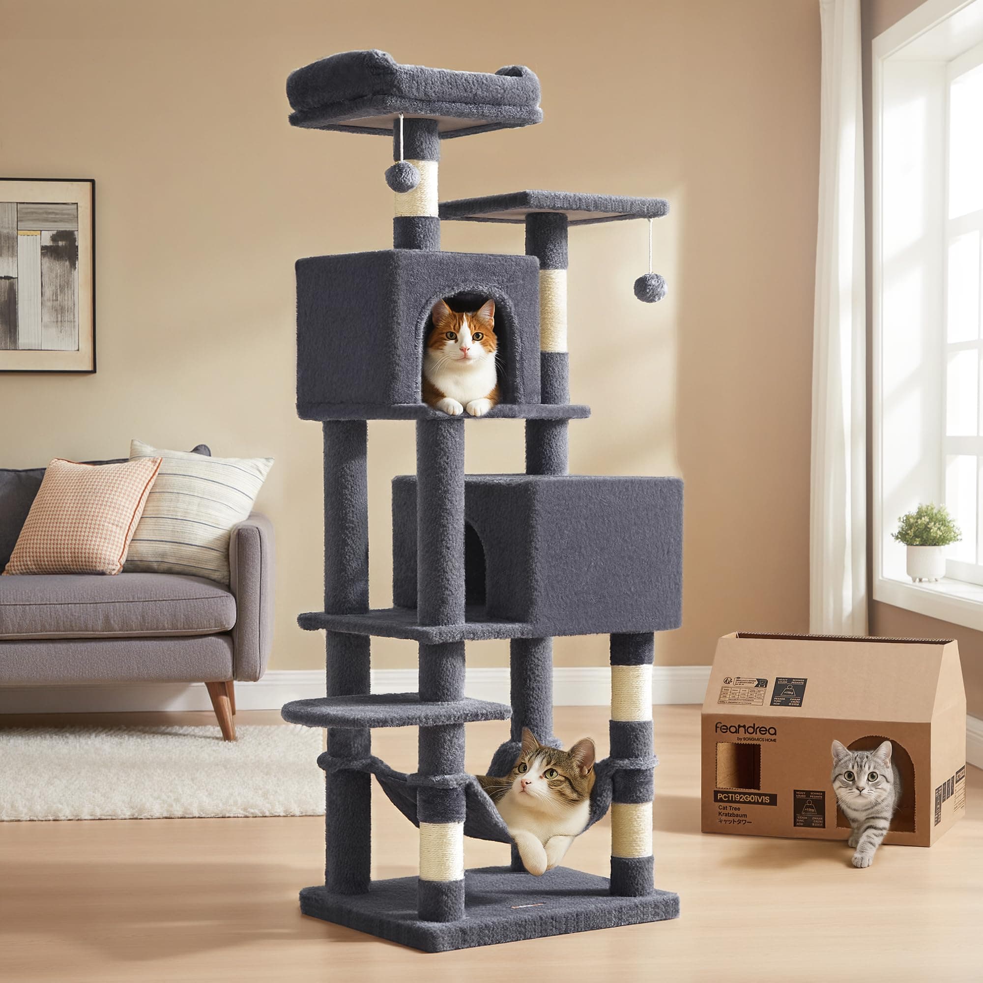 Feandrea Cat Tree 155 cm High, Play Tower, with 5 Scratching Posts, 2 Platforms, 2 Caves, Hammock, 2 Pompoms, Plush Fabric, Multi-Levels, Dark Grey PCT192G01
