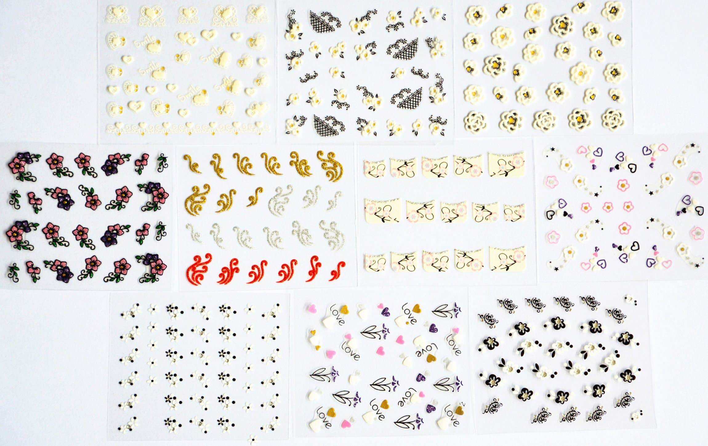 10pcs/package nail stickers decals multi mix designs including glitter flowers/white flowers with gold/white roses/black flowers/colorful flowers and vines/heart/love/french semi-paste nail decals stickers/black laces/etc.