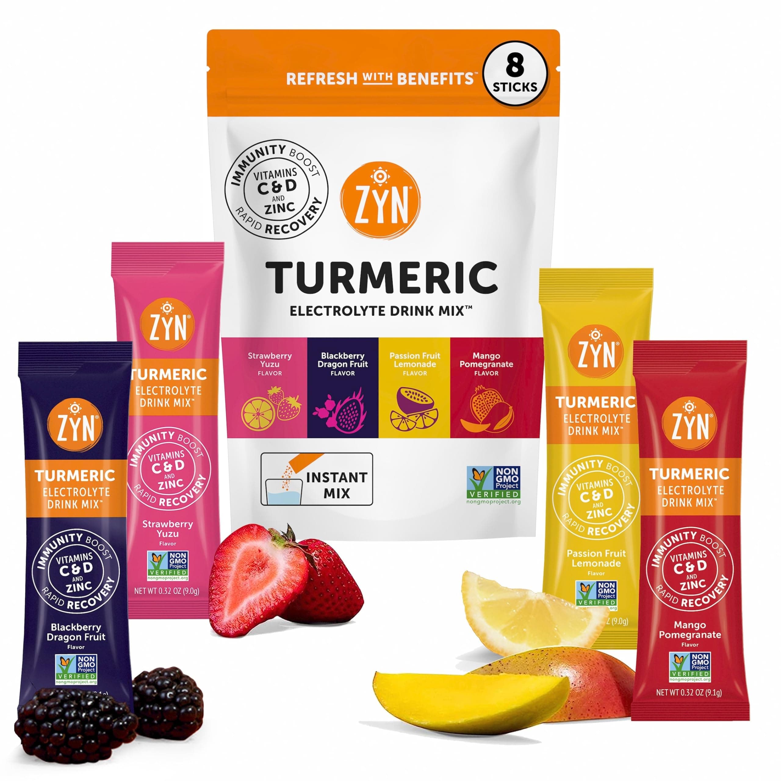 Electrolyte Drink Mix Hydration Packets, Electrolytes Powder, Hydration Packets w/Turmeric Curcumin, Vitamin C and D, Zinc, Hydrate Electrolyte Powder Packets for Wellness, Variety Pack of 8