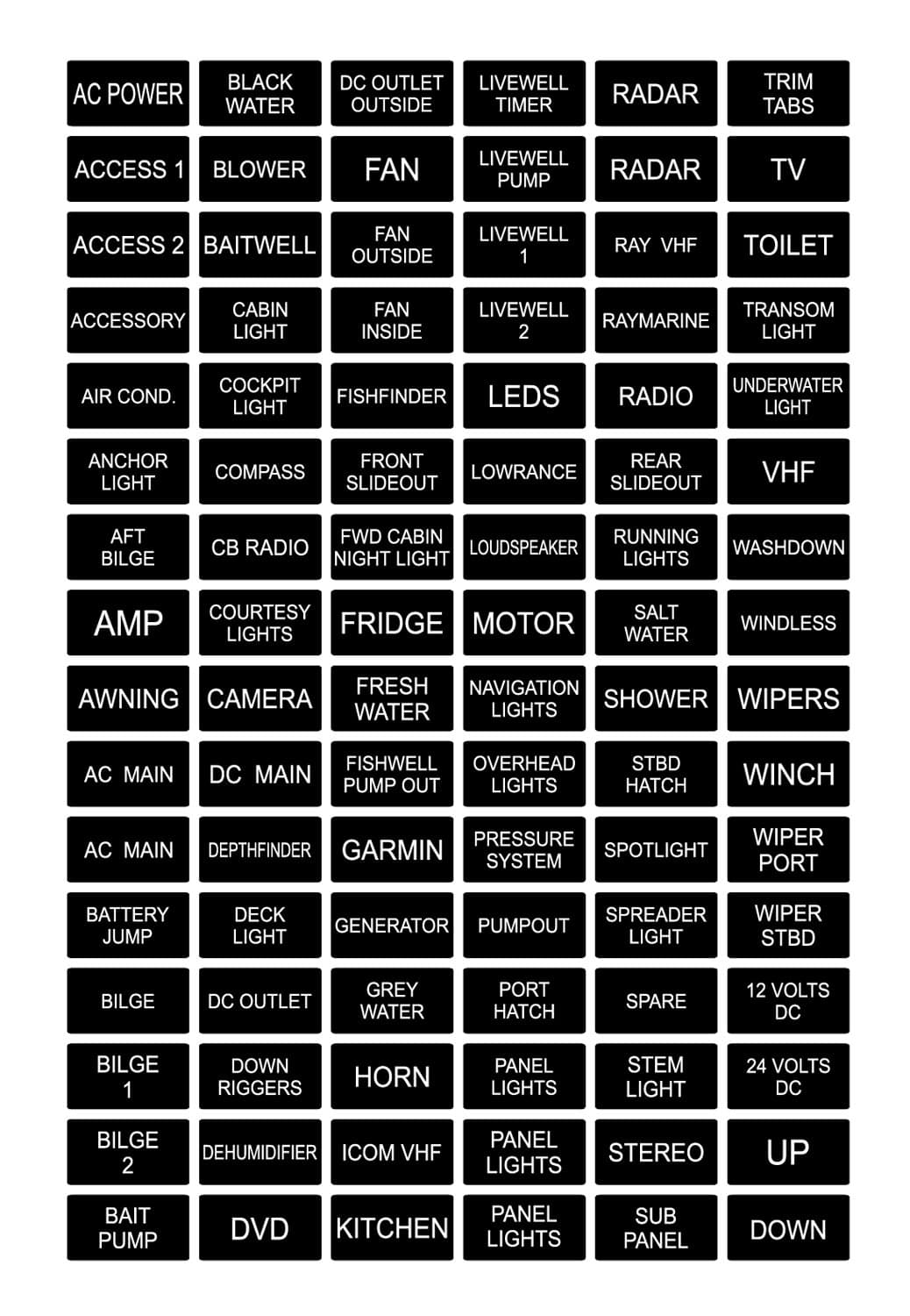 BLACK Marine Boat Dash Board Switch Instrument Panel Decal Sticker Labels Sheet Light Switch Fuse Description button Boating Fishing Horn GPS LEDS motor CD Radio Blower Fan Port