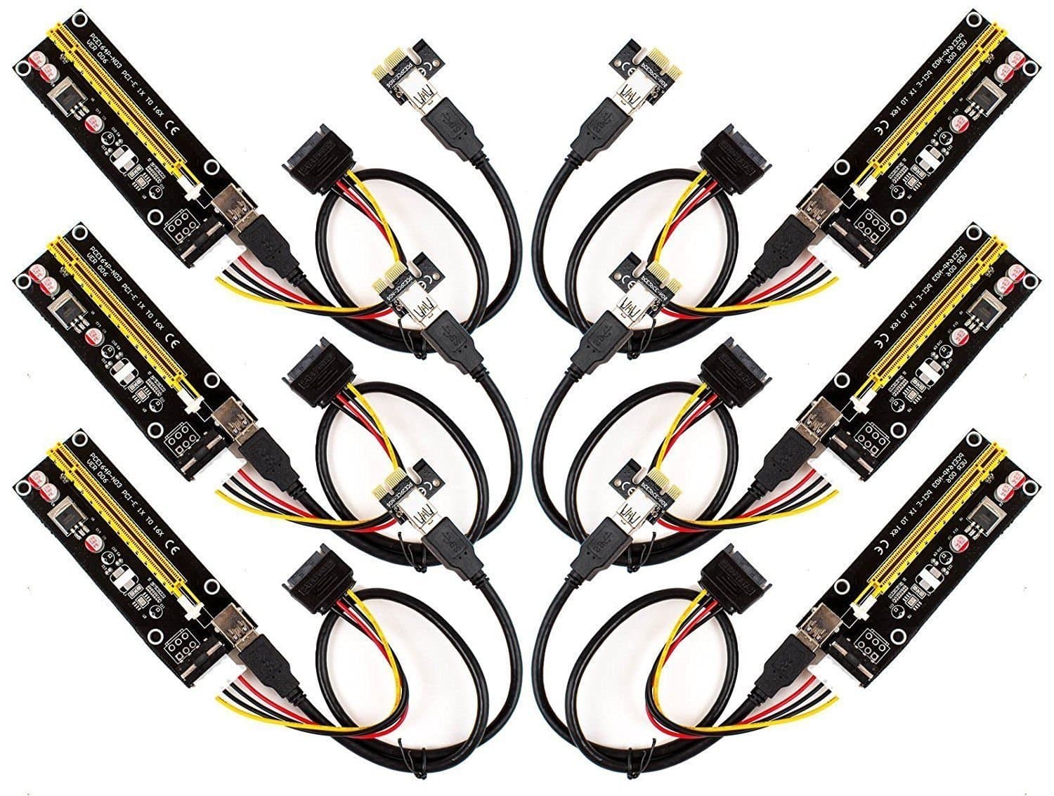 QualityHWDirect 6-Pack PCI-E 16x to 1x Powered Riser Adapter Card w/ 50cm USB 3.0 Extension Cable & MOLEX to SATA Power Cable - GPU Riser Extender Cable