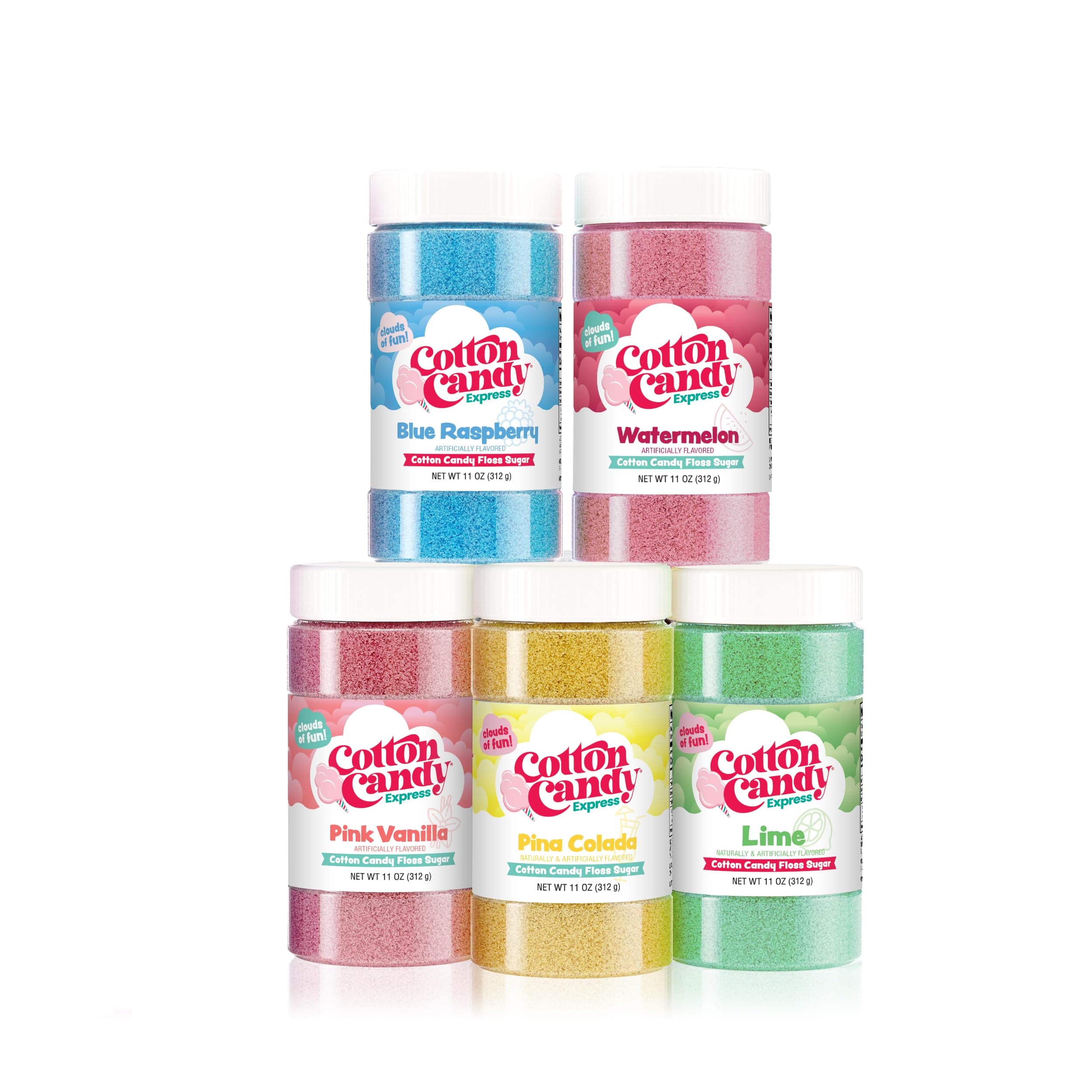 Cotton Candy Express Floss Sugar Variety Pack 5-11oz Plastic Jars of Lime, Watermelon, Pina Colada, Blue Raspberry, Pink Vanilla Flossing Sugars. Use with Cotton Candy Express countertop machine