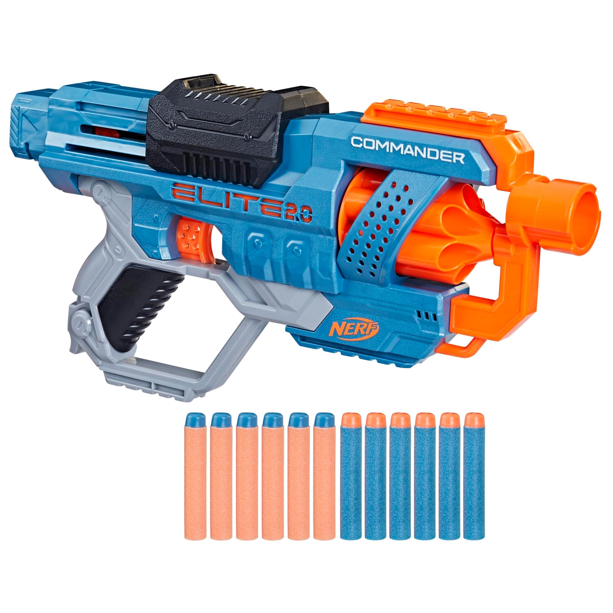 NERF Elite 2.0 Commander RD-6 Blaster, 12 Official Darts, 6-Dart Rotating Drum, Tactical Rails, Barrel and Stock Attachment Points