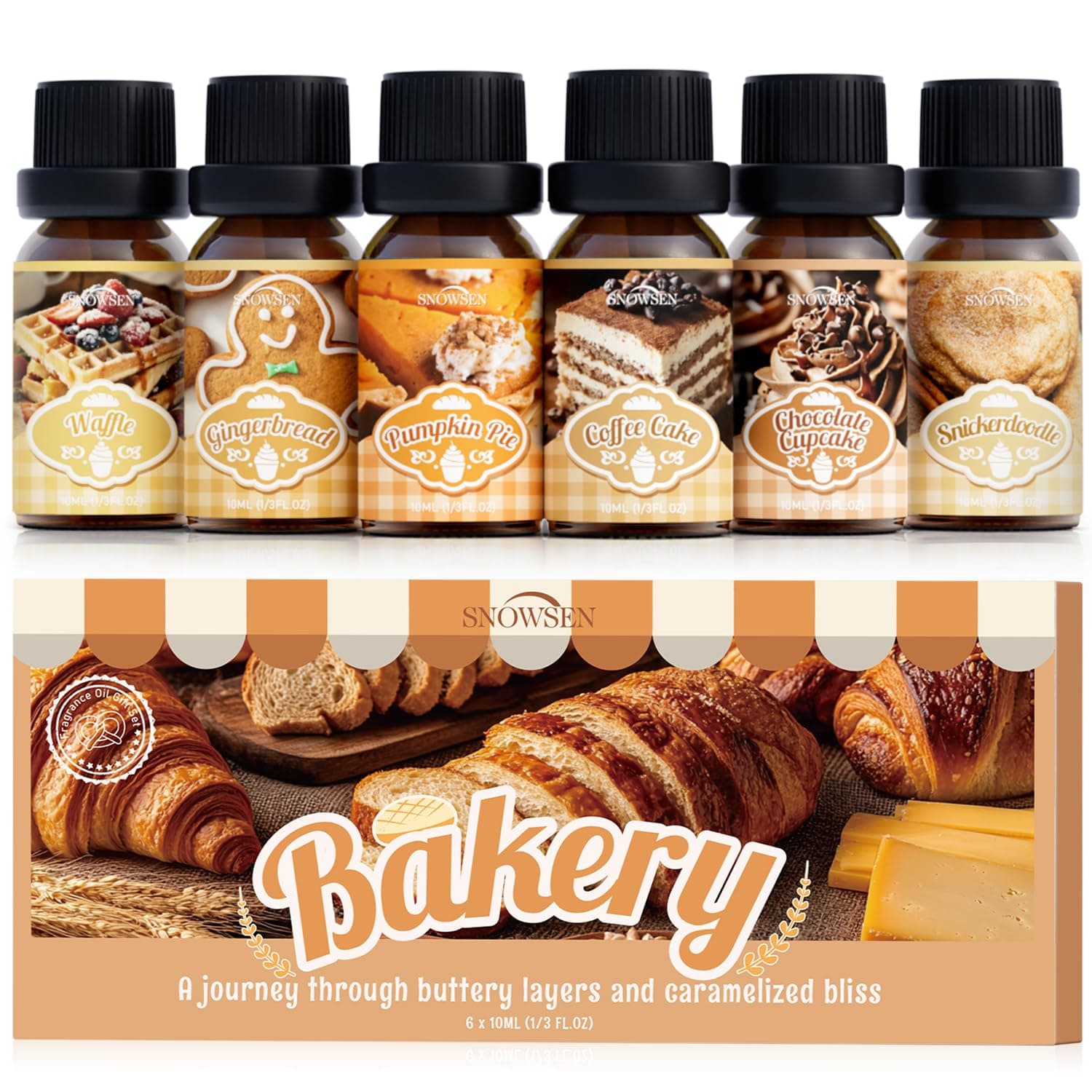 Bakery Essential Oils Gift Set, SNOWSEN Dessert Fragrance Oils for Diffuser for Home, Pumpkin Pie, Waffle, Coffee Cake, Chocolate Cupcake, Gingerbread, Snickerdoodle Aromatherapy Oils