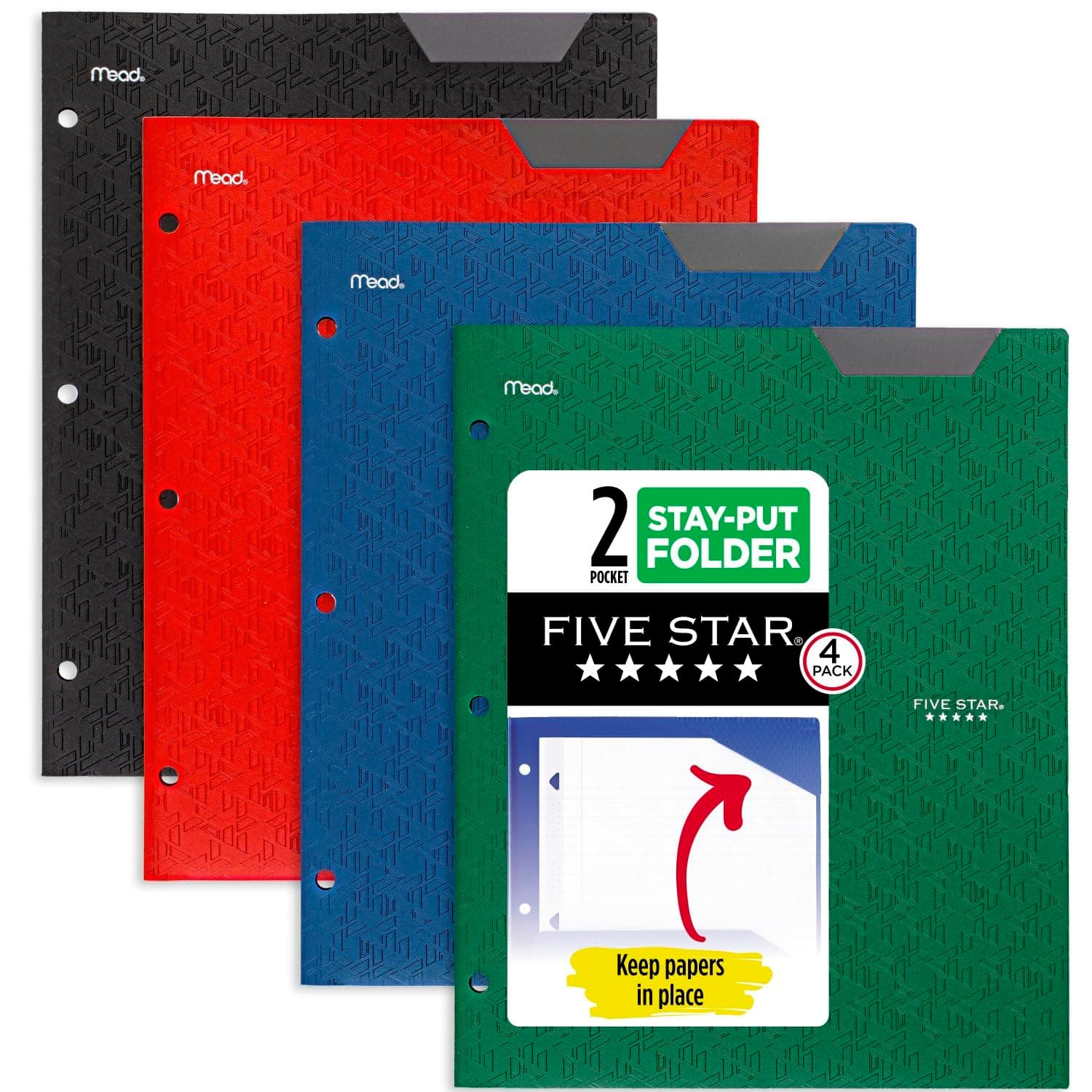 Five Star 2-Pocket Folders, 4 Pack, Plastic Folders with Stay-Put Tabs, Fits 3-Ring Binder, Holds 11” x 8-1/2”, Assorted Colors (38049)