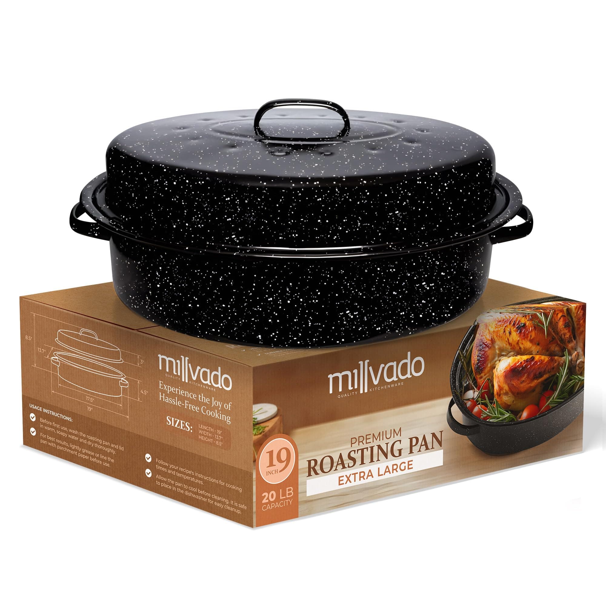 Millvado Roasting Pan With Lid, Turkey Roaster Pan, Extra Large 20 lb Capacity, 19" Granite Oven Roaster Oval Shaped Speckled Enamel on Steel Cookware