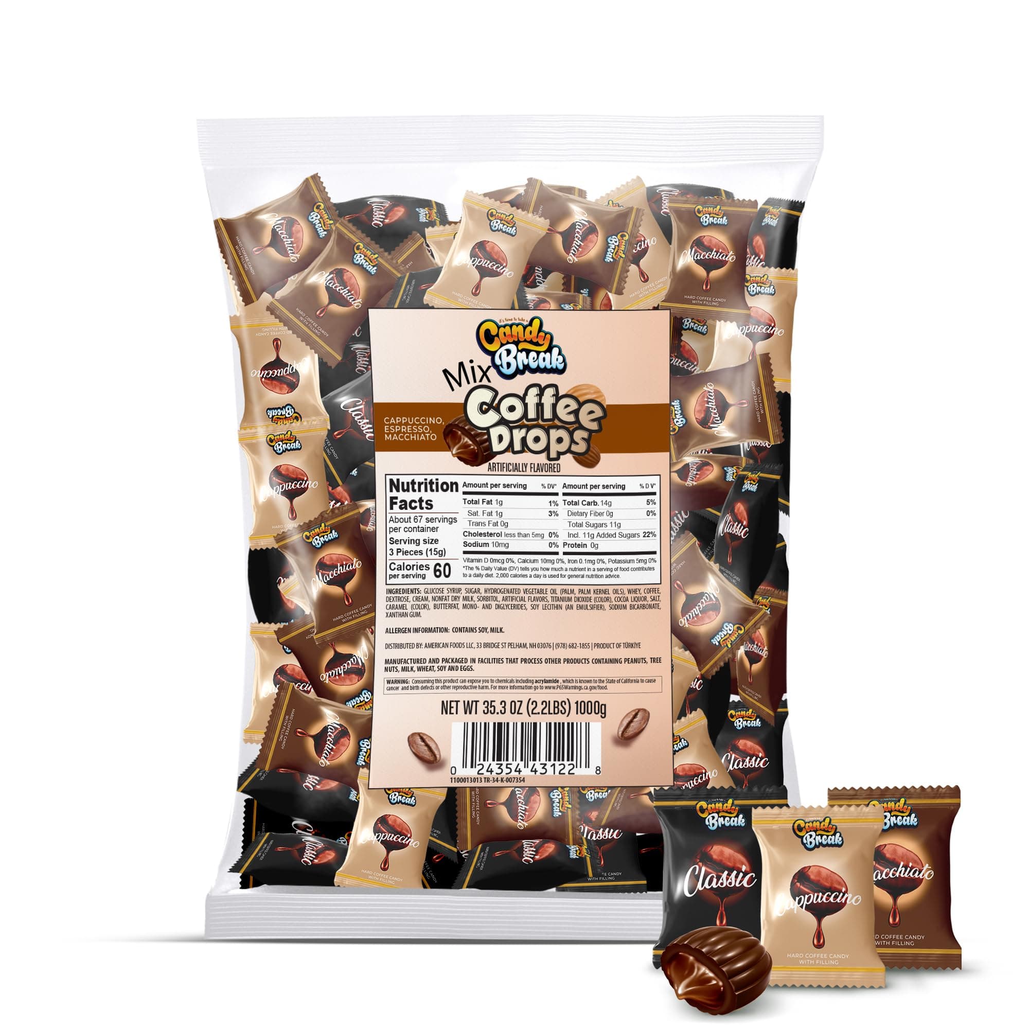 Candy Break Coffee Drops, Center Filled Hard Candy, Coffee Candy Individually Wrapped, Macchiato, Espresso, Cappuccino Flavored Candies, Caffeine Candies 2.2 Pound Bulk Bag, Variety Pack of 1