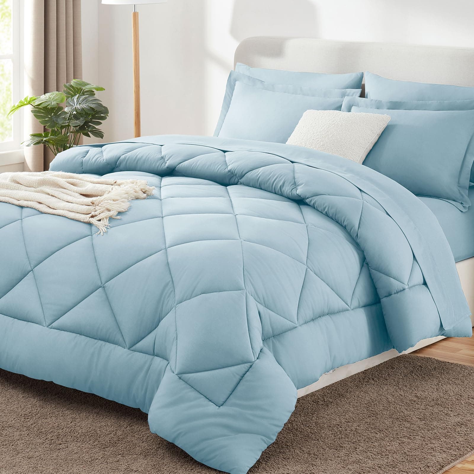 CozyLux King Size Comforter Set Light Blue - 7 Pieces Bed in a Bag King, Luxury Soft Bed Set for All Seasons, Bedding Set with Down Alternative Comforter, Sheets, Pillowcases & Shams