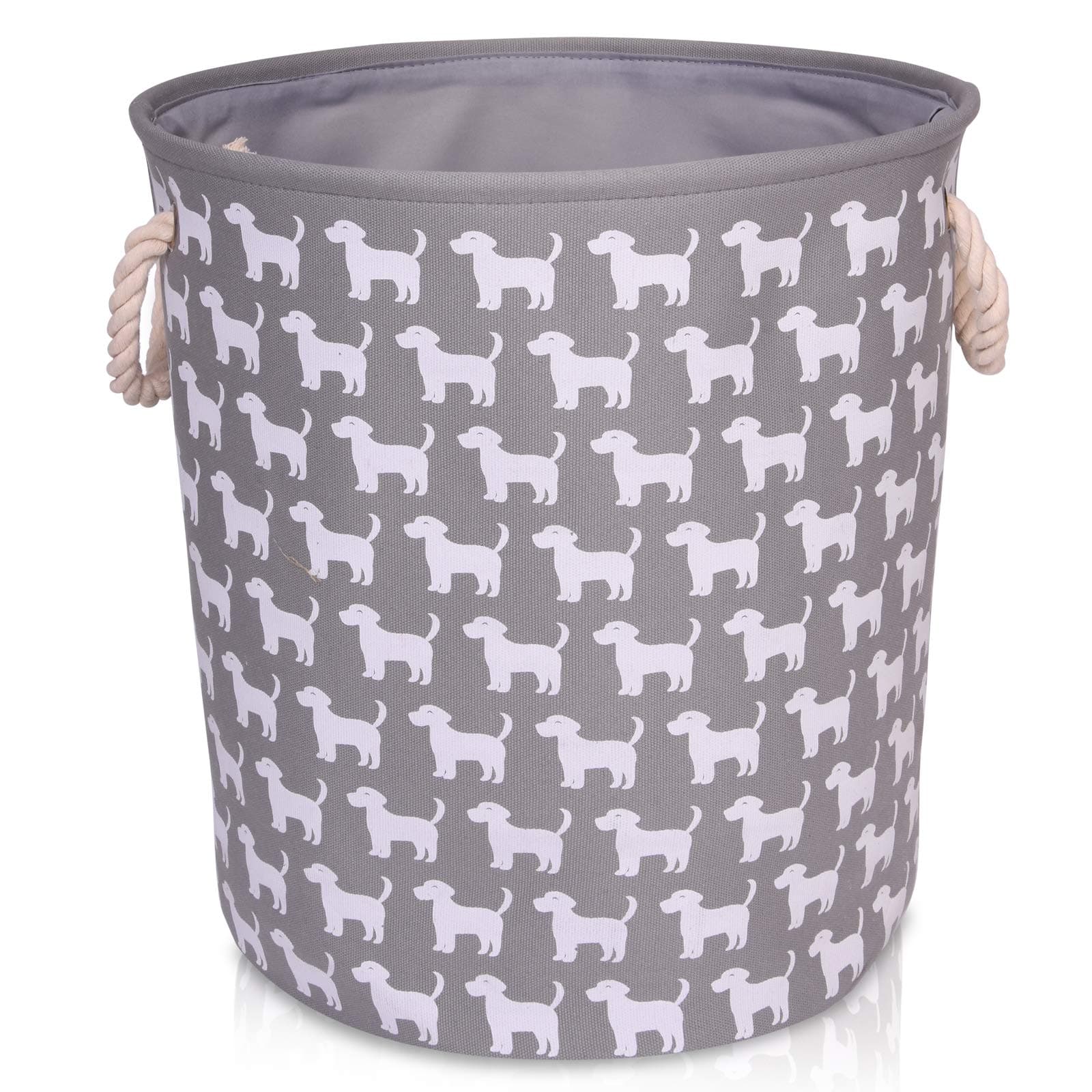 Grey Canvas Storage Basket with Dog Pattern - Large Fabric Basket with White Dogs - Perfect for Household Storage, Toys or Laundry. 40cms Diameter x 45cm Height